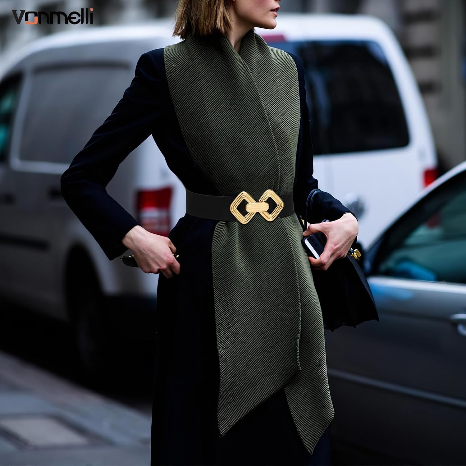 VONMELLI Women Wide Elastic Belt Vintage Stretchy Waistband with Retro Gold Buckle for Dresses