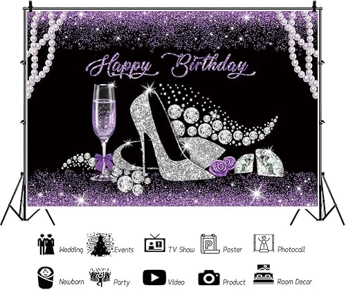Miniatura 2 de Baocicco Telón de fondo de feliz cumpleaños de 10 x 8 pies, zapatos de tacón alto con perlas y Diomand, para cumpleaños, baner, morado, purpurina,