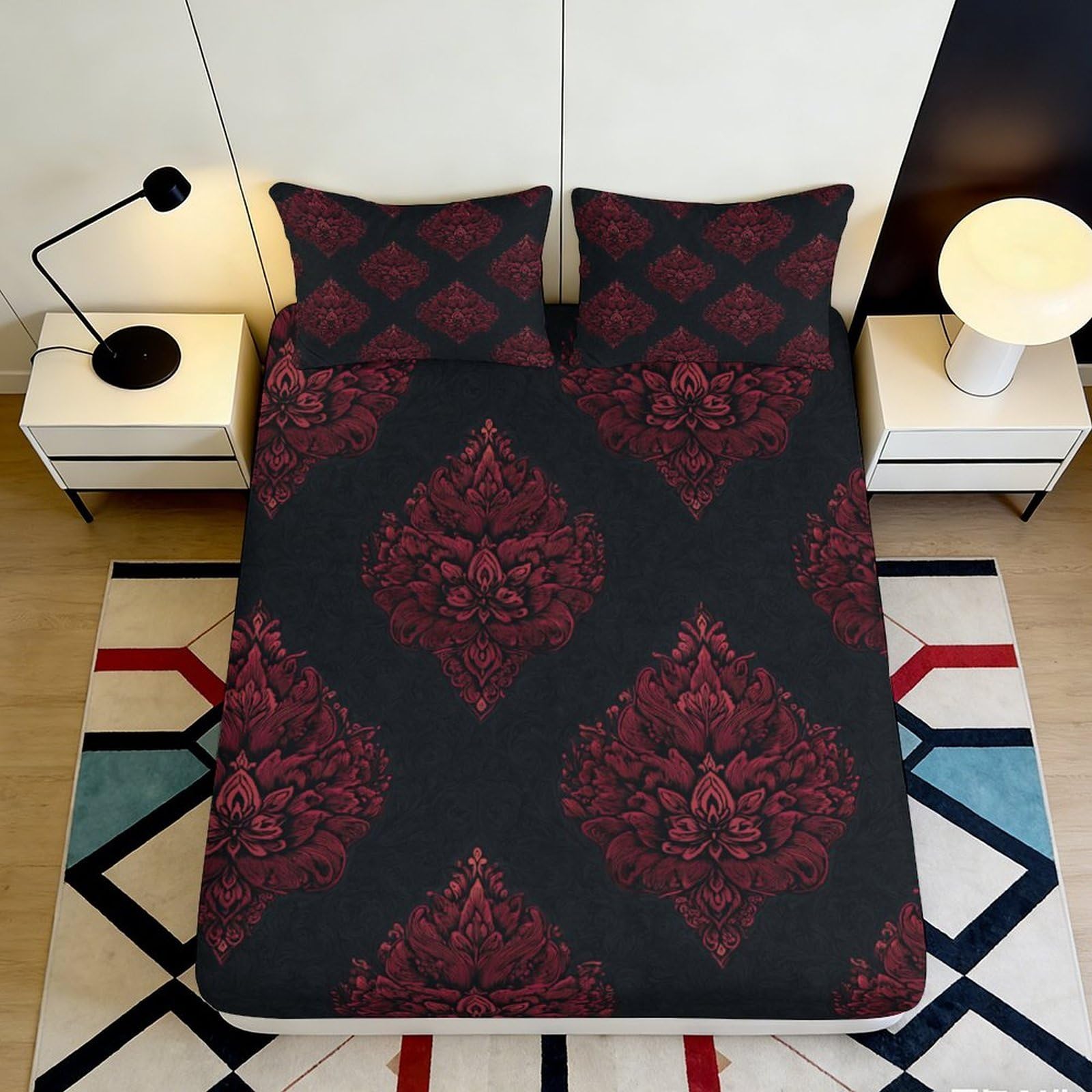 Pnayamiorkfel Style-2 3D Printed Baroque Floral Fitted Sheet Microfiber Soft Breathable Burgundy Damask Bed Cover For Bedroom Decor 90X200x25cm