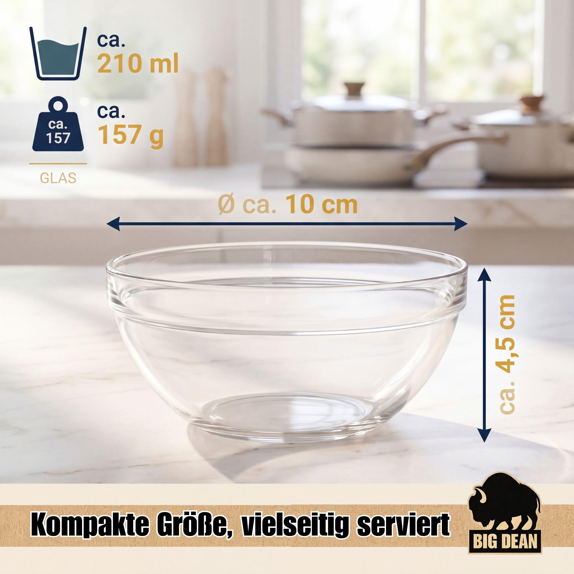 BigDean 6 Dipschalen Ø 10cm aus Glas 210ml Glasschalen Dessertschalen | Snackschalen, Schälchen für Desserts, Tapas & Snacks