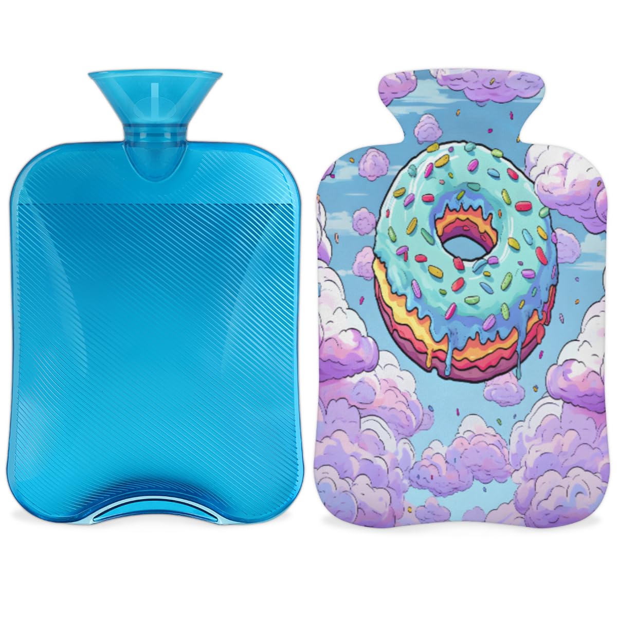 Hot Water Bottle with Soft Cover,2L Fantastic Donut Hot Water Bag for Hot and Cold Compress, Hand Feet Warmer, Graffiti Donut Rubber Hot or Cold Water Bottle Halloween Christmas Decorations