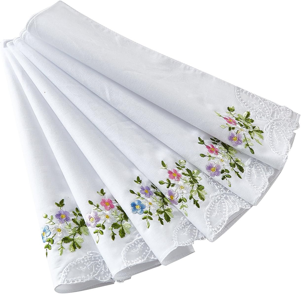 WINDLY White Soft Cotton Handkerchiefs with Embroidered Flowers Bulk - White