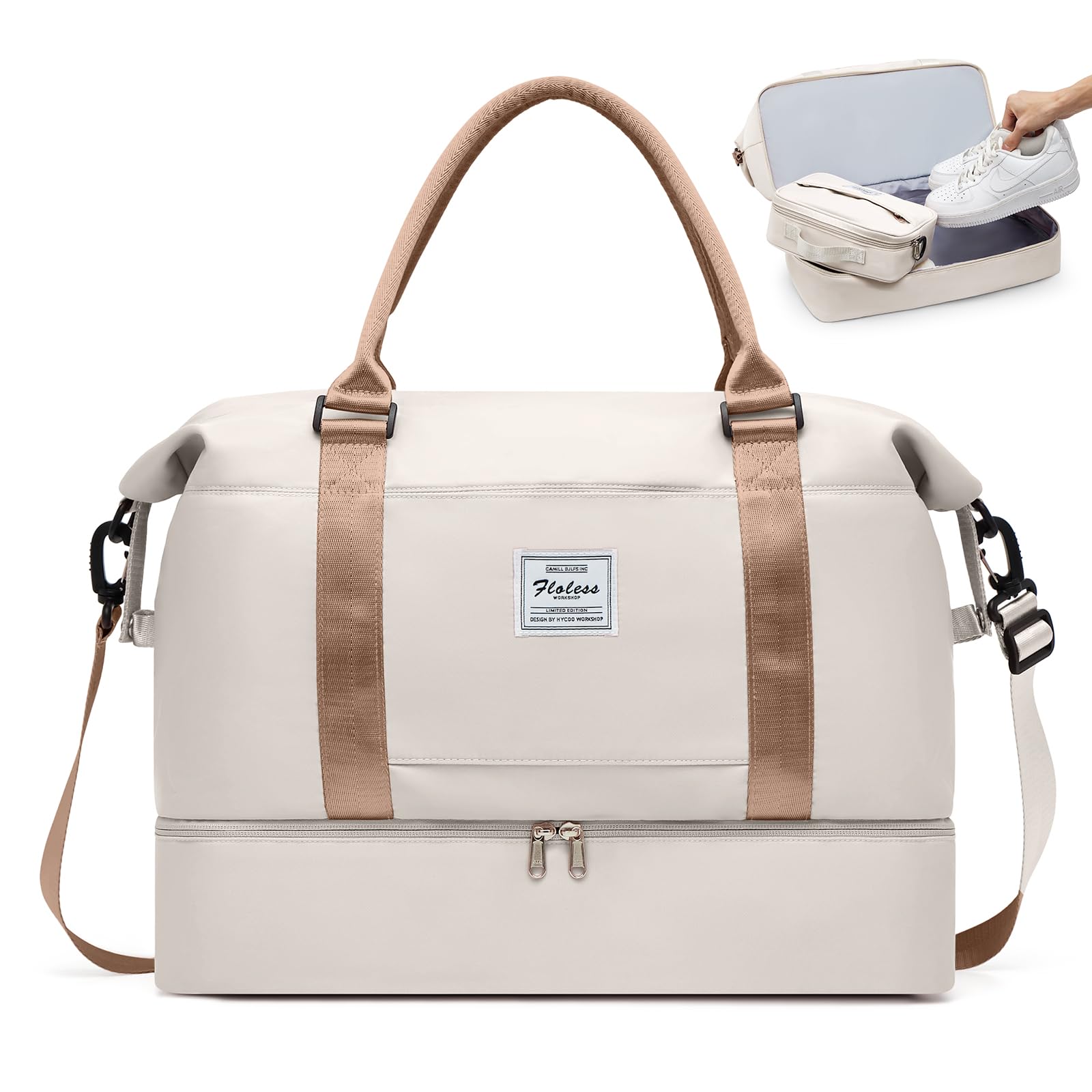 Travel Duffel Bag with Shoes Compartment, Weekender Bags for Women Travel, Carry On Overnight Bag with Trolley Sleeve & Wet Pocket, Travel tote Bag for Travel,Business Trips,Sports,Yoga, Gym Bag,