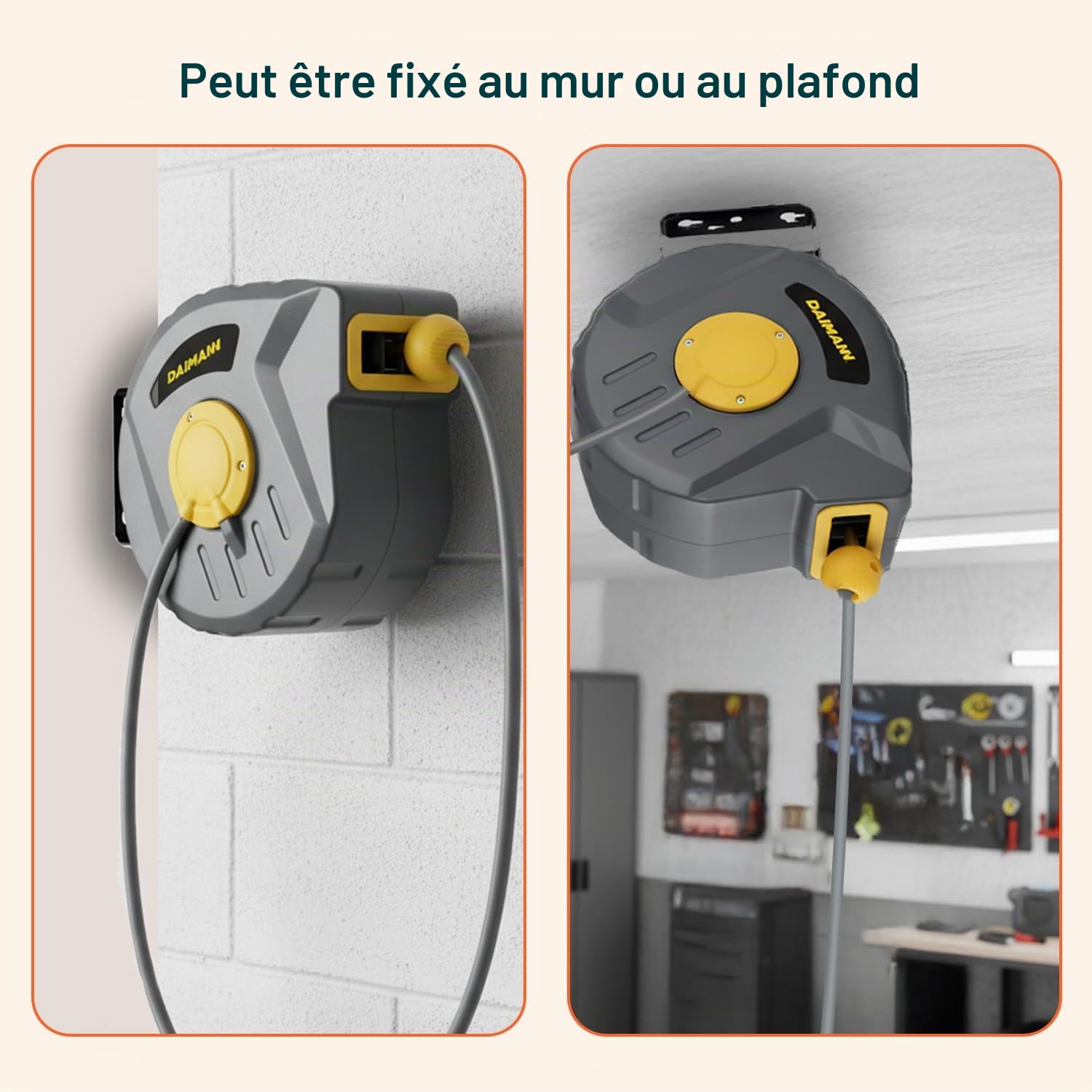 Enrouleur de tuyau d'air comprimé de 10 m avec rembobinage automatique, tuyau pour compresseur d'air en PVC résistant, montage mural ou plafond, compact et flexible