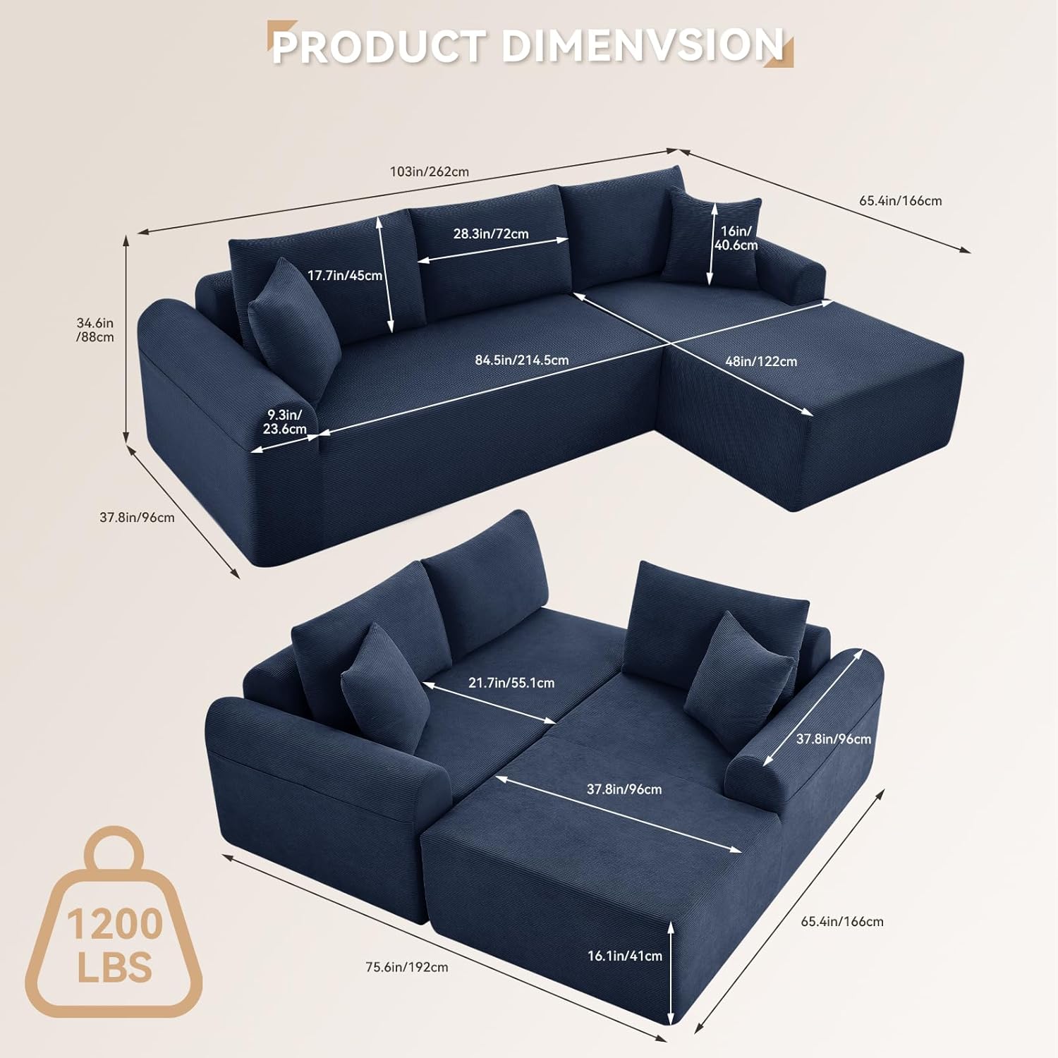 Modular Sectional Sofa with Chaise, Cloud Sectional Couch with Deep Seat, Modular L-Shape Sofa Corduroy Boneless Couch for Living Room,Bedroom,No Assembly Required(Navy Blue, Right Facing Chaise)