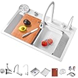 ‎Ribanedy 26.8 Inch White Waterfall Kitchen Sink，Drop In Stainless Steel Workstation Kitchen Sink，Multifunctional Modern Single Bowl Sink with Pull Down Sprayhead Faucet & Accessories