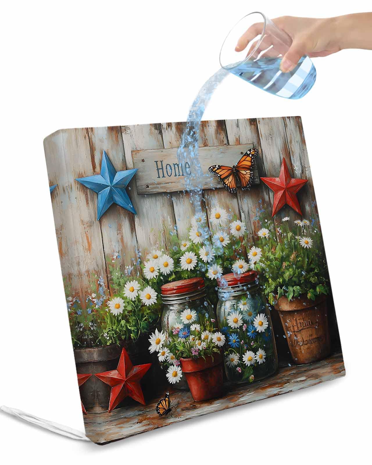 2 Pack Daisy Flower Waterproof Cushion Covers with Ties, Outdoor Patio Chaise Lounge Chair Seat Cushion Slip Covers Replacement(Only Cover) Retro Western Red Blue Stars Butterfly Wood 22