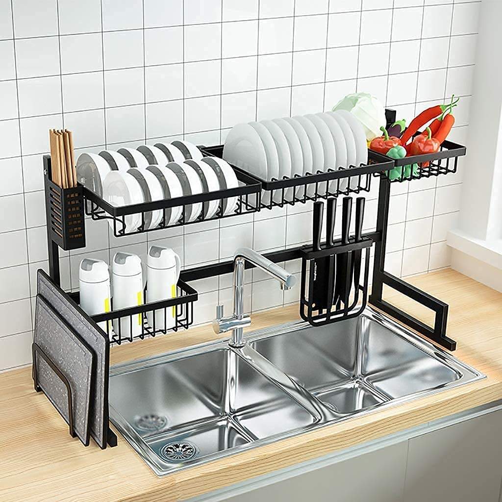 OGMOYT Dish Rack Over The Sink Dish Drying Rack Black 201 Stainless Steel Kitchen Drain Rack Tableware Drainer Organizer 85 * 32 * 52Cm Anti-Rust