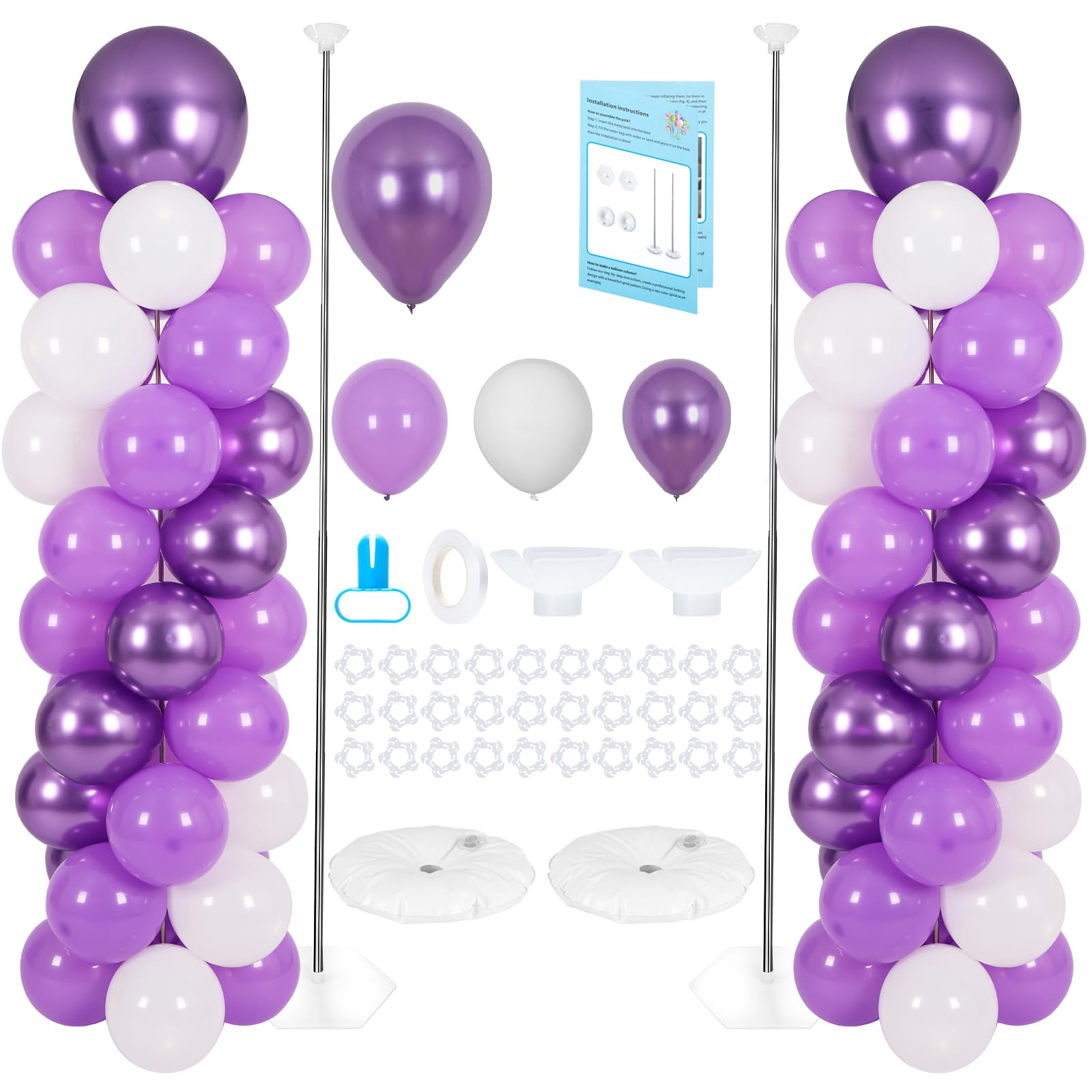Balloon Column Stand with 102 Balloons, Balloon Column Kit Set of 2 for Party Decorations, Height Adjustable from 1.57 to 7 Ft