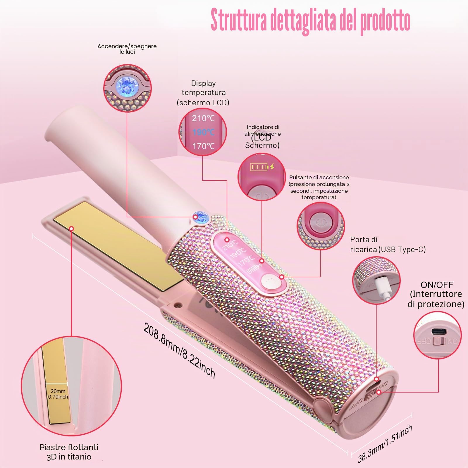 Piastra Capelli Senza Fili 5000mAh, Mini Piastra per Capelli 2 in 1, Piastra Portatile Senza Fili in Titanio, Piastra da Viaggio per Capelli, 3 Temp 2S HEAT Rapido MAX 410℉ Con Spegnimento Automatico