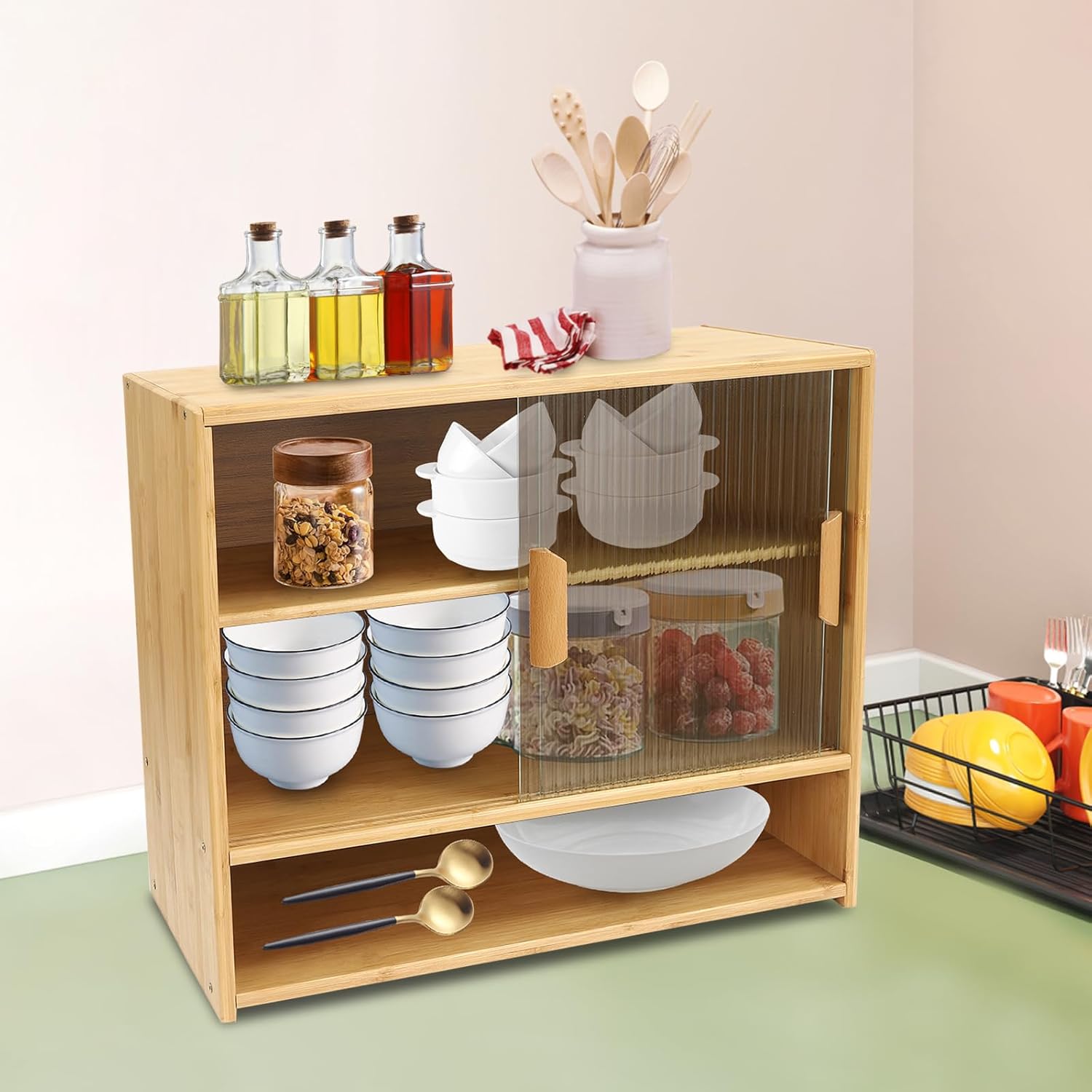 Small Bamboo Kitchen Pantry Sideboard with 2 Sliding Striped Glass Doors, Freestanding Countertop Storage Cabinet for Spice Seasoning Bottles, Dish, Bowl, Console Dining Cupboard (Log)