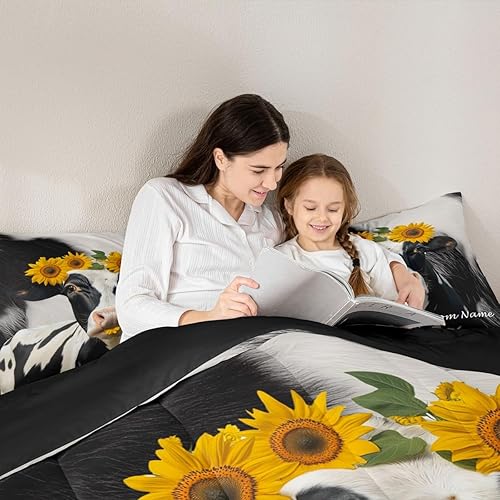 Miniatura 6 de Erosebridal Juego de edredón personalizado de vaca de las tierras altas, juego de ropa de cama con estampado de vaca negra y blanca para niños,
