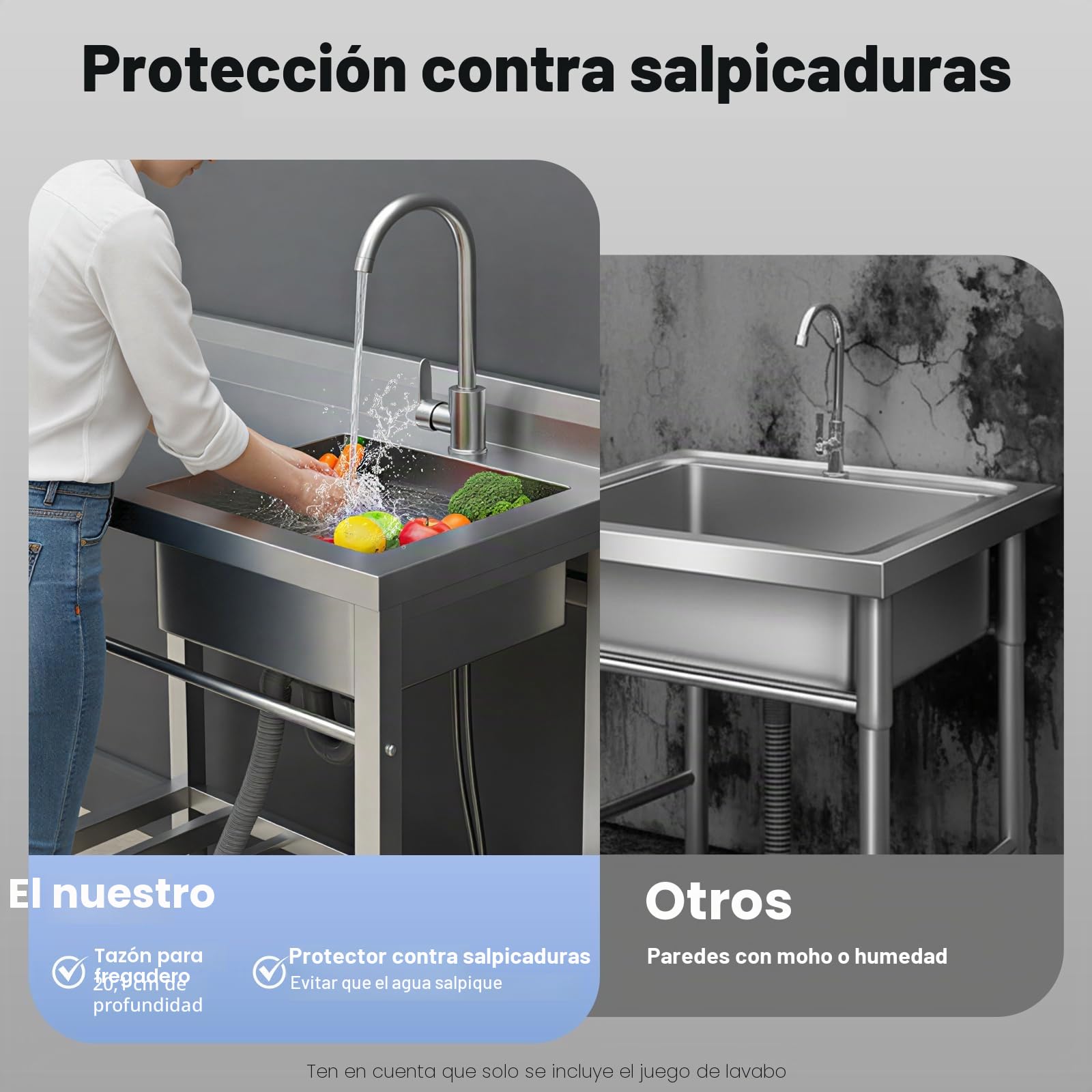 Fregadero de cocina independiente, 80 x 55 x 84 cm, con grifo, dispositivo de drenaje, de acero inoxidable, patas regulables, longitud: fregadero, para restaurante, comercial, exterior, interior