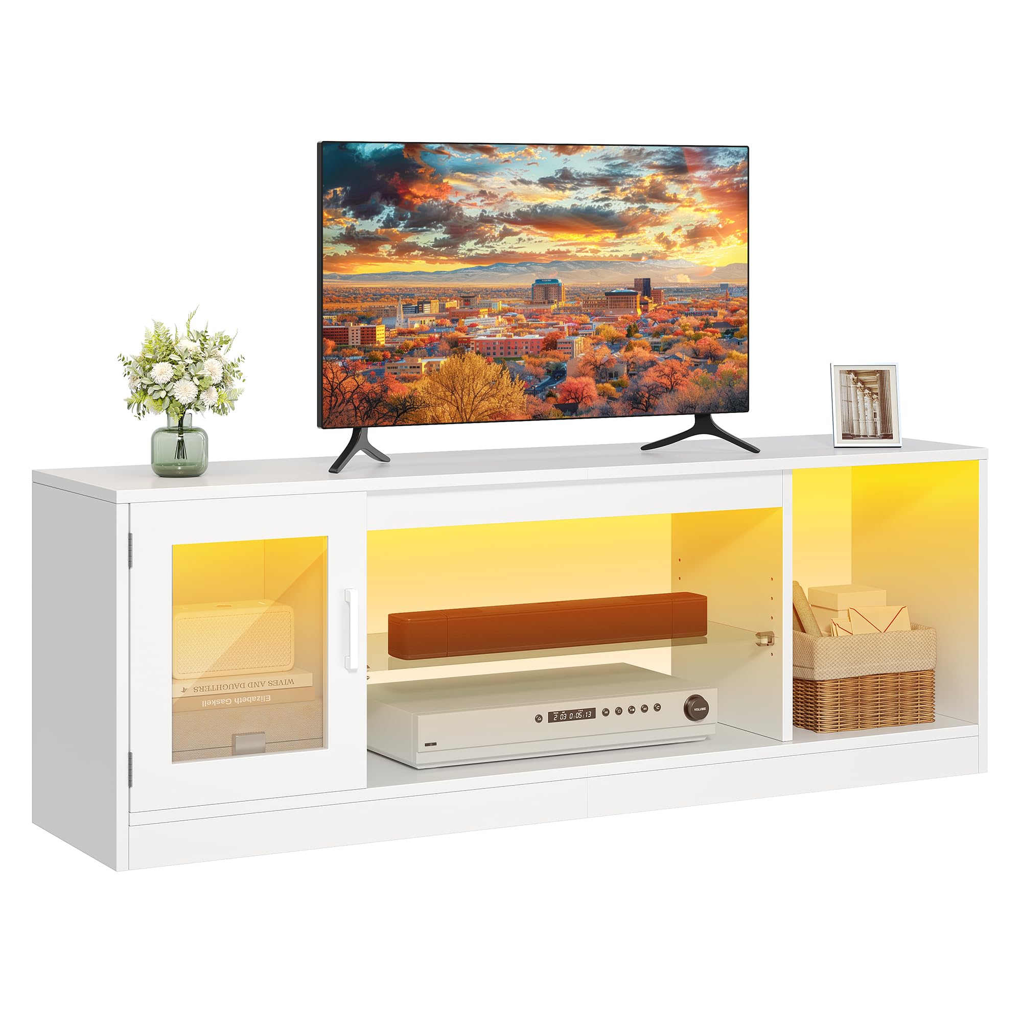 DWVO 148 cm Mueble de TV con Iluminación LED RGB 22 Modos para Televisores hasta 65 Pulgadas Mueble de Salón con Estantes de Cristal Regulables Ideal para Sala de Estar y Dormitorio