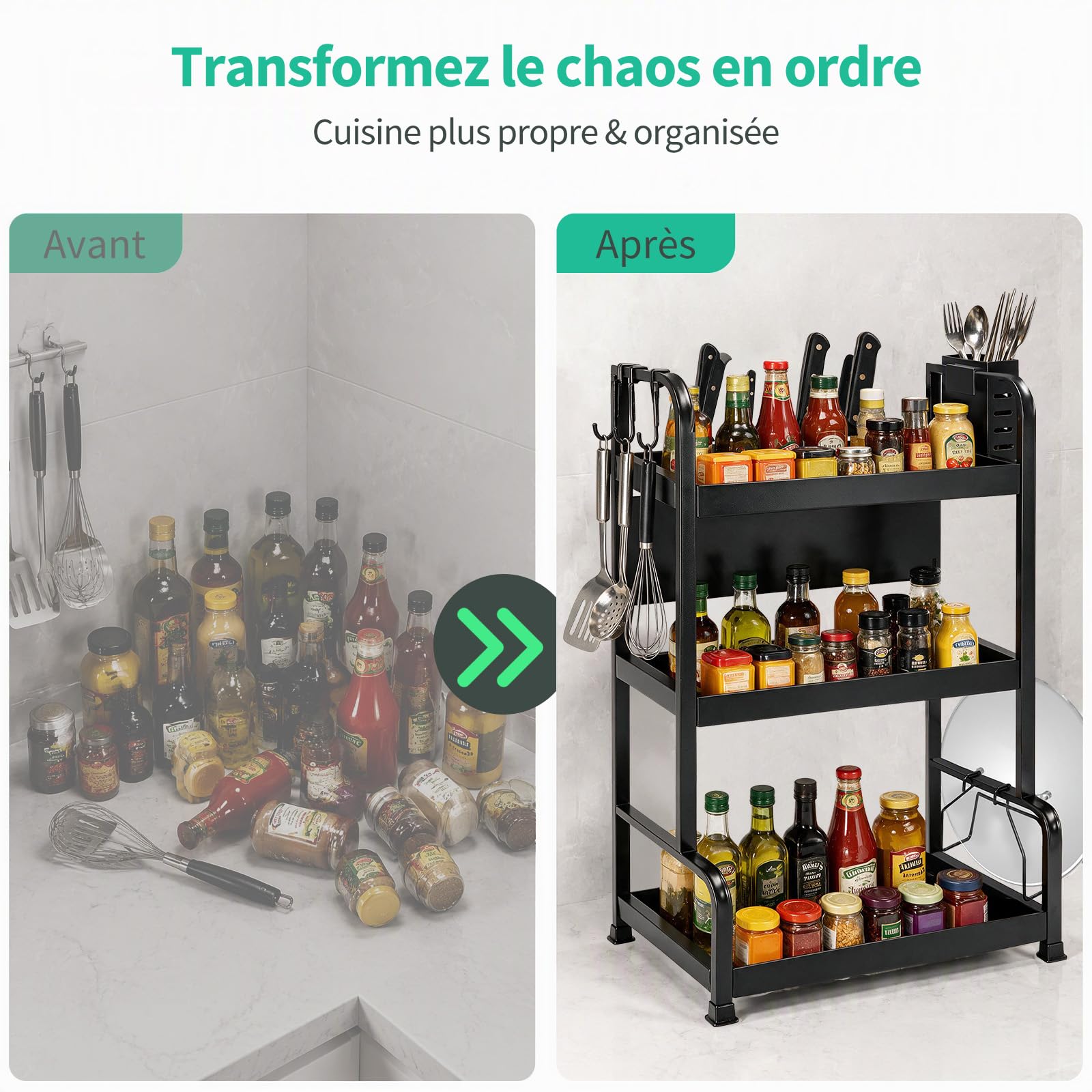 Lubardy Étagère à Épices 3 Niveaux Organisateur Cuisine avec Porte-Couteaux
