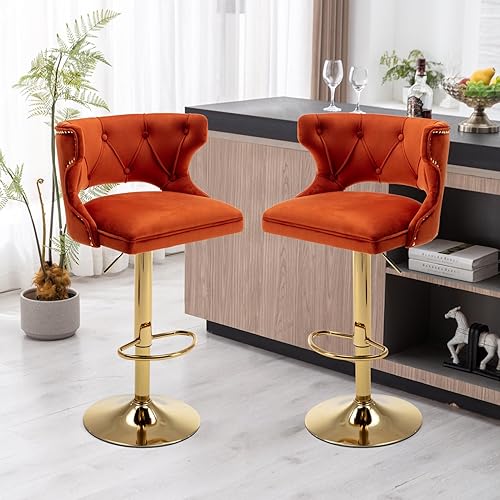 Juego de 2 taburetes de bar, sillas de comedor de altura de mostrador con respaldo y reposapiés, sillas modernas de terciopelo sin brazos con base