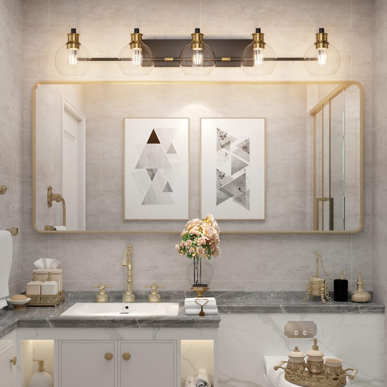 Tipace Vintage Vanity Light Fixture,5-Light Industrial Black & Gold Bathroom Lighting with Globe Clear Glass Shades Farmhouse Bath Lighting (Exclude Bulb)