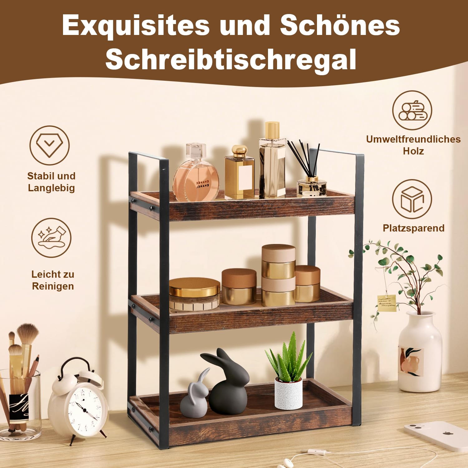 MUCOOS Dreistufiges Kaffee Badezimmer Aufbewahrungsregal, Standregal Badezimmer Organizer, Feuchtigkeitsgeschützt Holzregal Badezimmer Regal Holz mit Metallgestell, Gewürzregal für Küche Küche, Haushalt & Wohnen