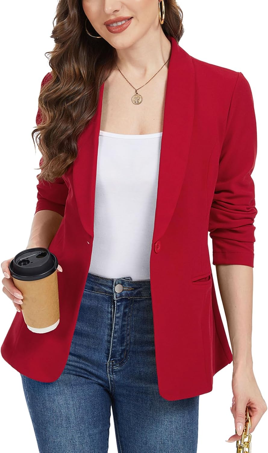 MINTLIMIT Blazers for Women One Button Shawl Collar Jackets Long Sleeve Blazer Suit Cardigan with Pockets Tailored Outfit(Red,S) - Image 4