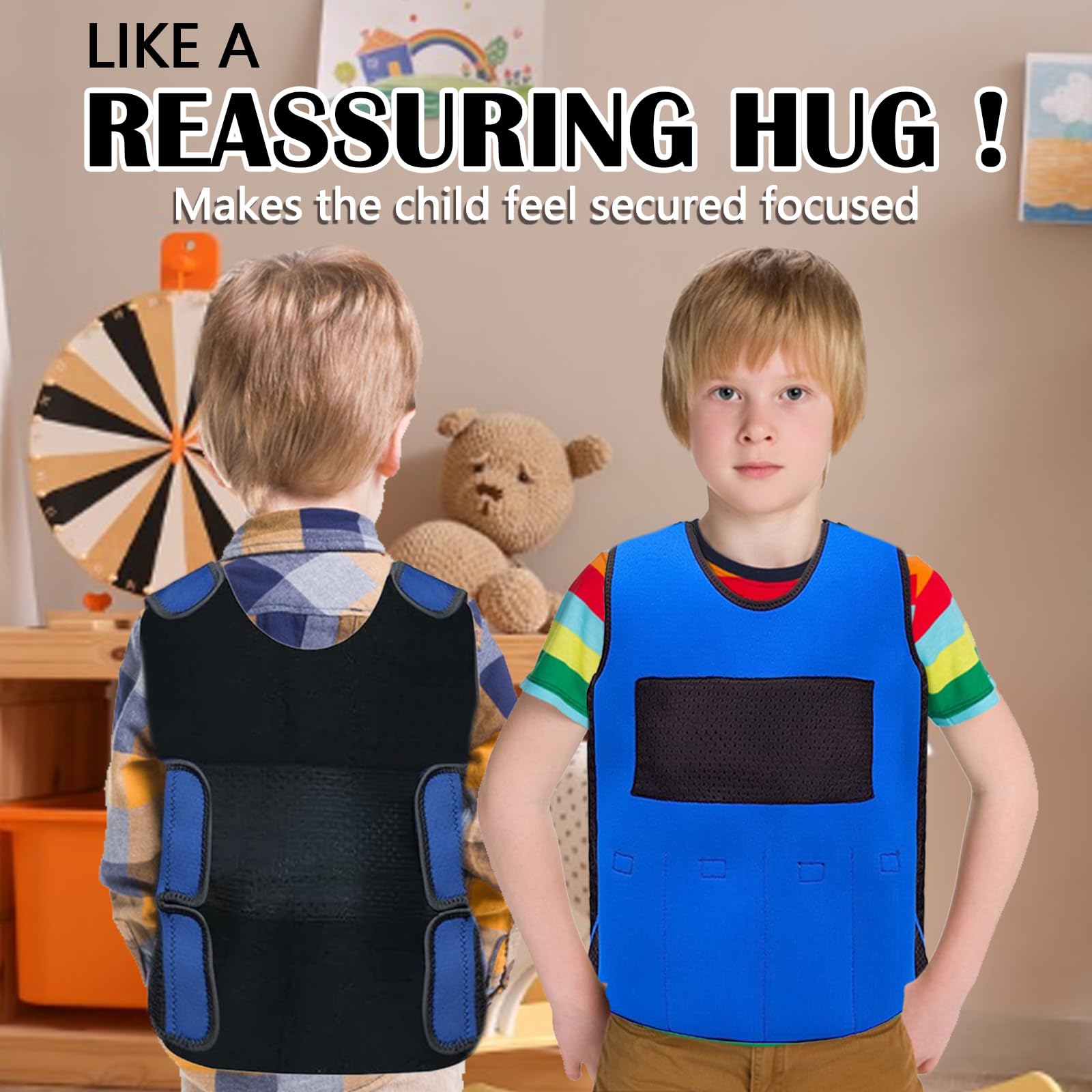 Gilet con Pesi per Bambini, Gilet a Compressione Gilet con Pesi Gilet di Sicurezza per Bambini con Sovraccarico Sensoriale ABR Autismo ADHD Disturbo Gilet con Pesi 3 Libbre Peso Rimovibile, Blu