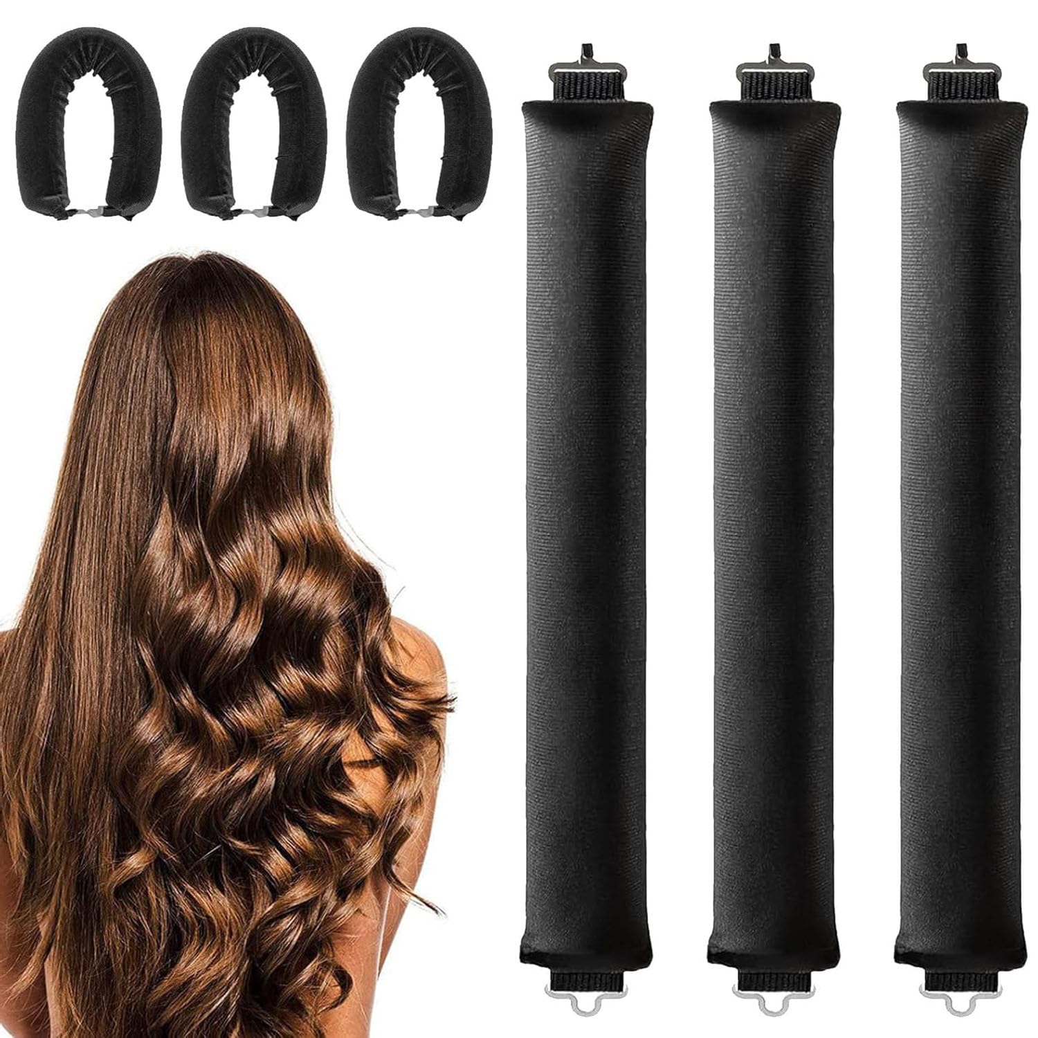 3 Pack Overnight Heatless Rods Curls Blowout Satin Flexi Rods for Overnight Heat Free Jumbo Curls No Heat Styling Tools Soft Hair Rollers for All Hair Type (Black
