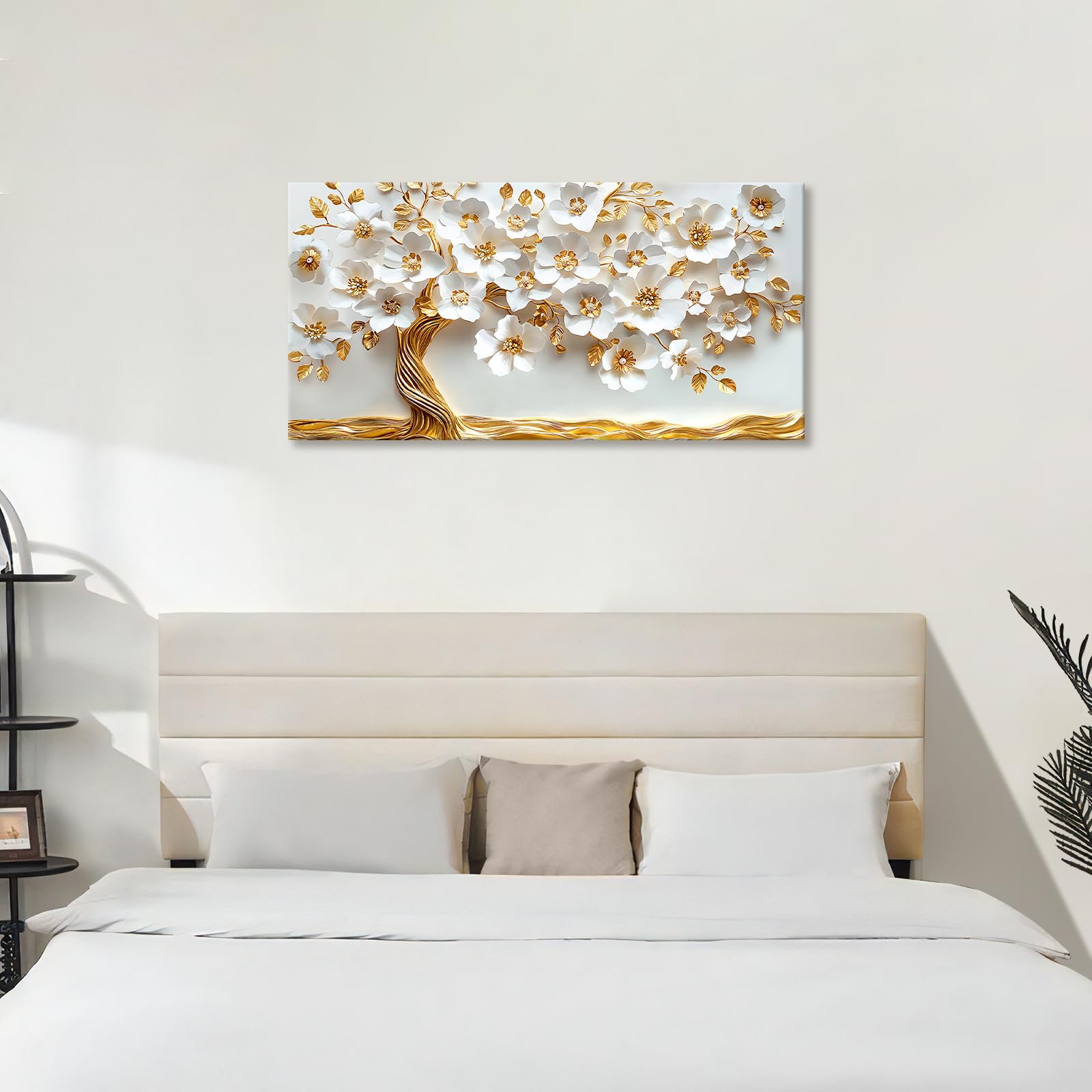 Grande Stampa su tela con Cornice Bianco Oro Floreale Albero Pittura Albero della vita con Foglie d'oro Quadri su tela Quadri Moderni Poster Stampe da Parete Soggiorno Camera da Letto 50x100cm