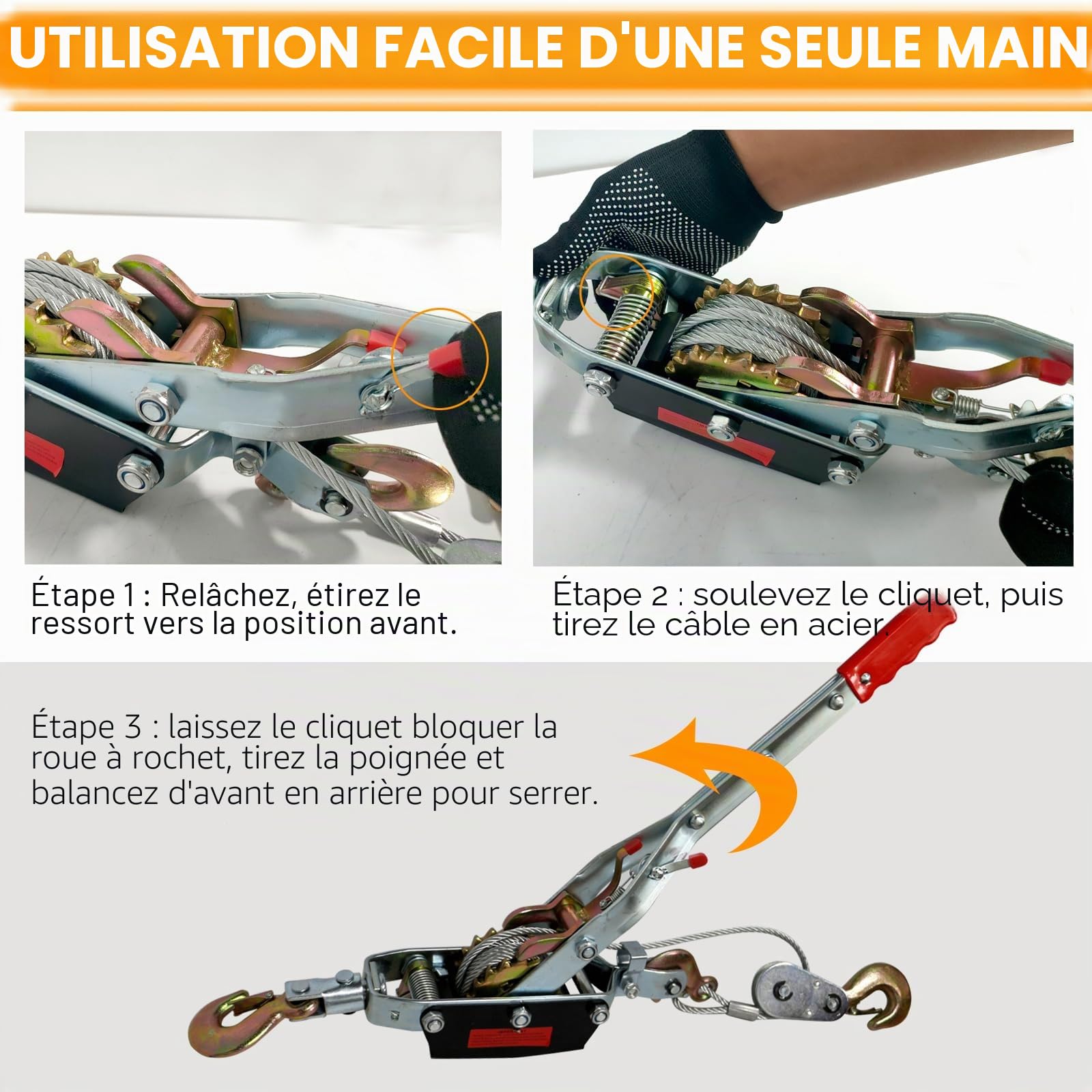 Palan Manuel à Câble 5 Ton Capacité,3,5m Treuil Manuel à Cliquet Câble Acier,Outil d'Extraction Robuste Double Engrenage,avec 3 Crochet,Tire Fort,Treuil de traction Cabestan pour Sauvetage Véhicules