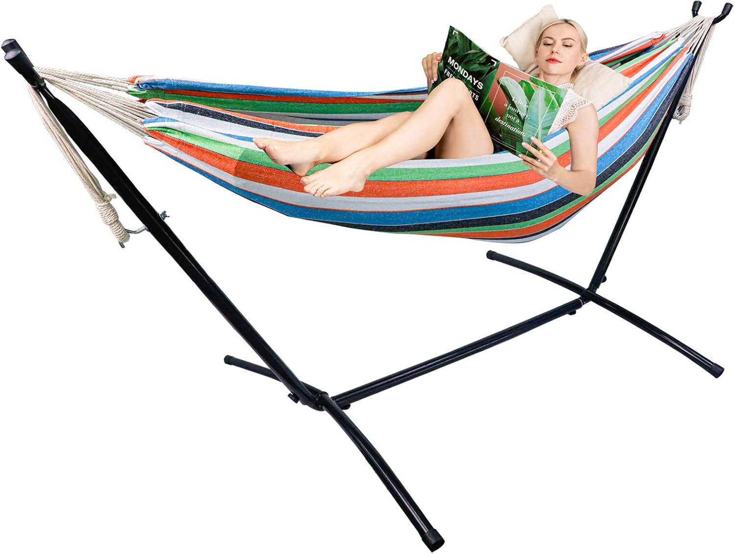Kanchimi Hammock with Stand,Max Load 450lbs,Portable Double Hammock for para Patio,Indoor Outdoor Hammock with Stand 2 Person Heavy Duty,Premium Carrying Case Included（Blue Orange）