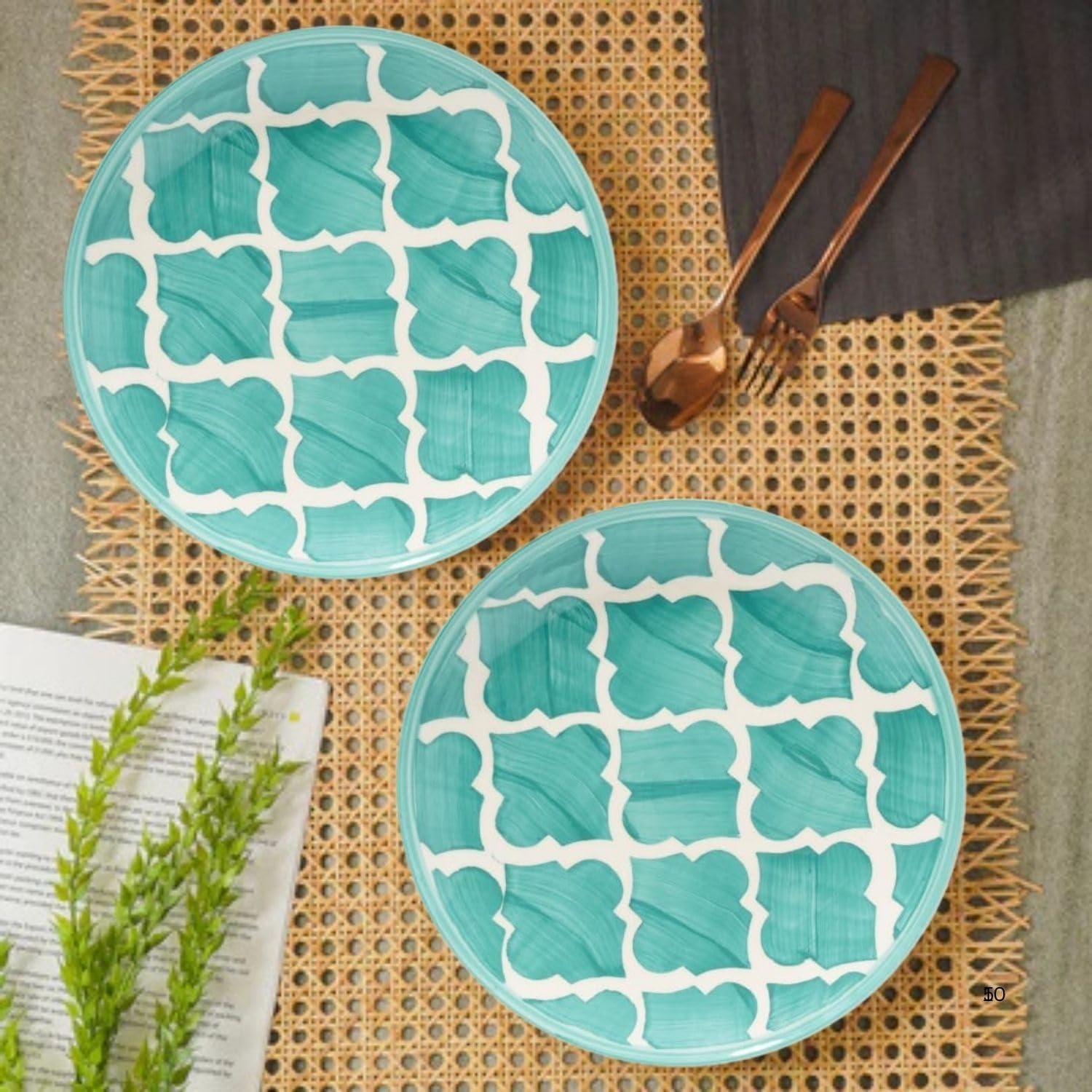 Kolorful Ceramic Moroccan Dinner Plates Pair Handpainted Decorative Porcelain Tableware for Dinner Serving Plate Thali Ceramic Plates for 20.5*cm, Microwave & Dishwasher Safe (Green, Set of 2) 2