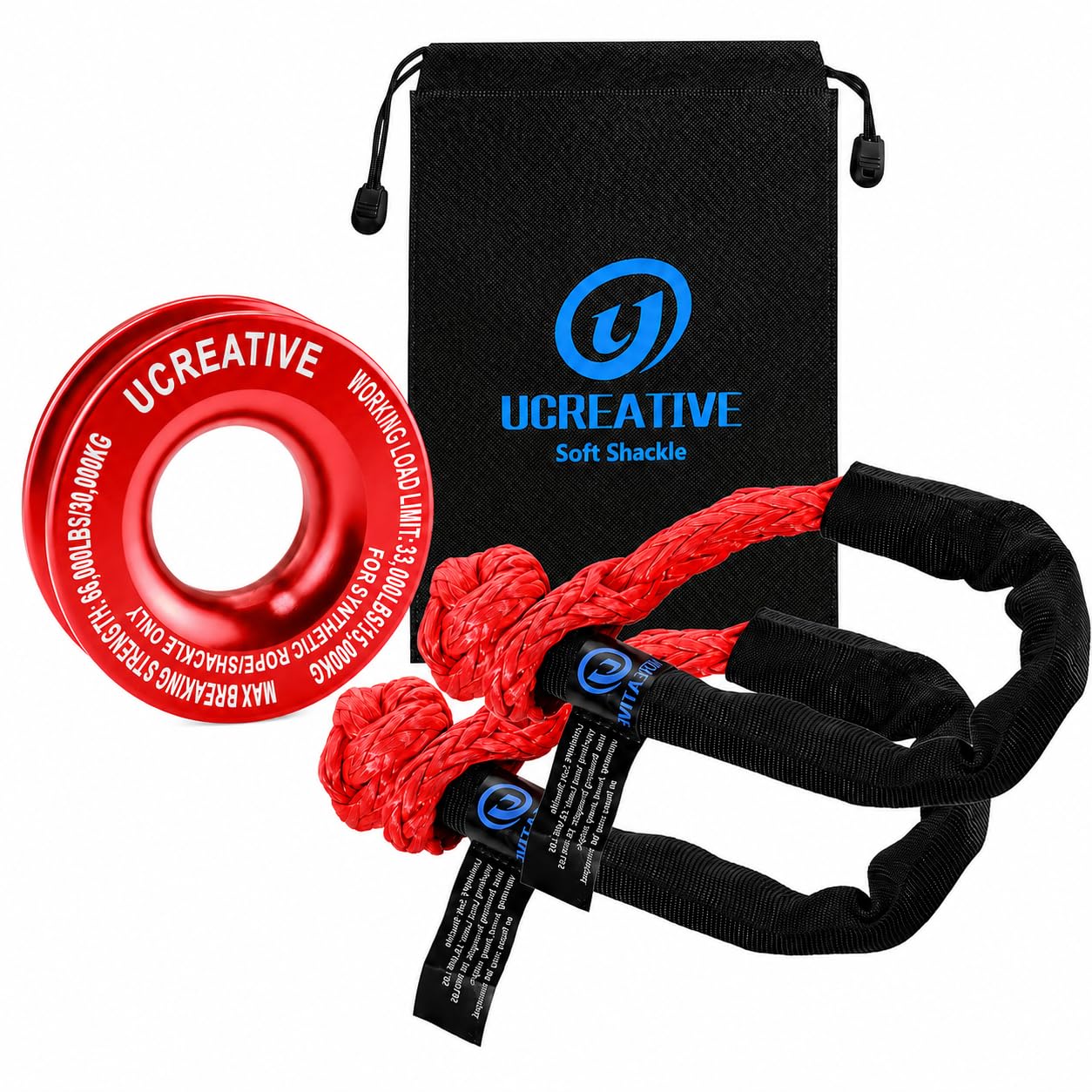 Ucreative Red Recovery Ring and 2PCS Red Soft Shackle (1/2 Inch x 22 Inch) kit for Synthetic Winch Rope for ATV UTV SUV Truck Off-Road Vehicle Recovery