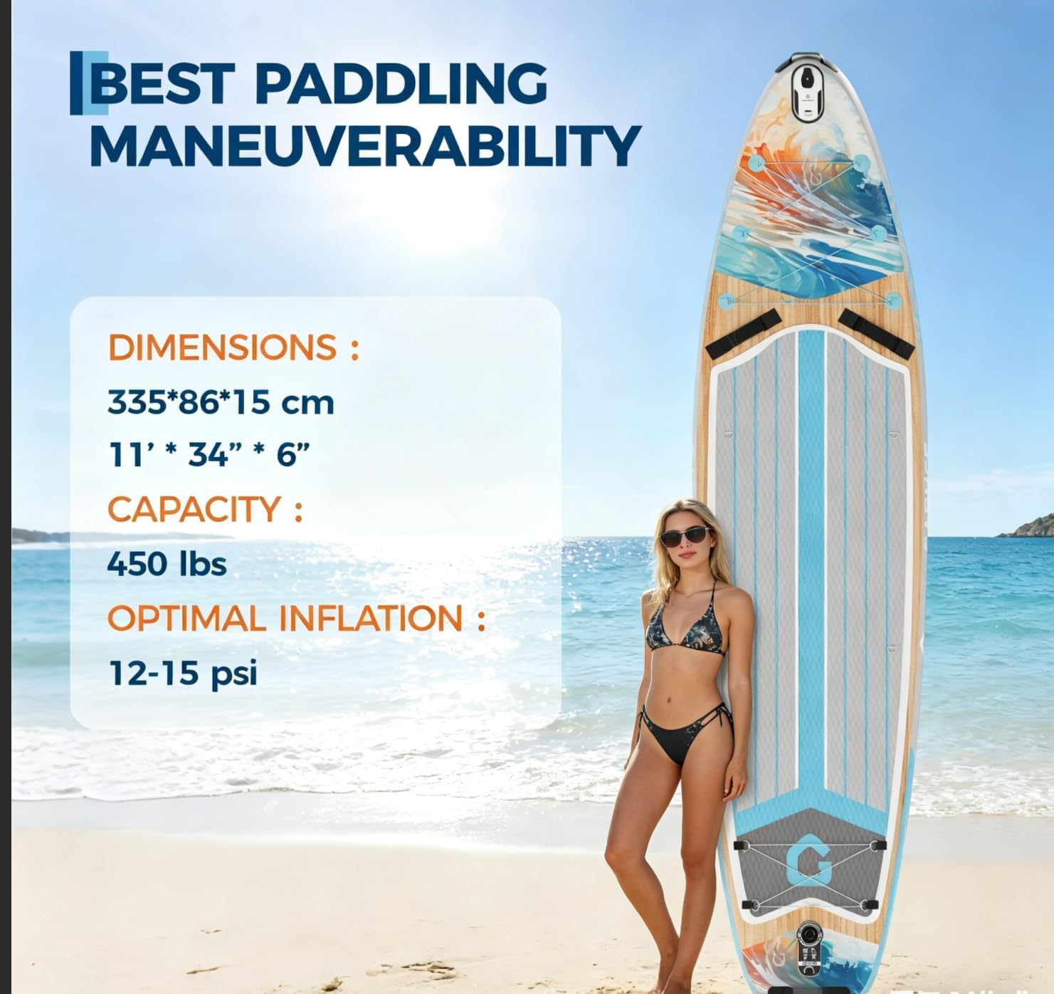 Tabla de Paddle Surf Hinchable 11’, Gran Capacidad 450LB, Estable para Principiantes, con Remo Ajustable, Soporte para cámara, Antideslizante, Accesorios completos – Ideal para Lago, río o Playa