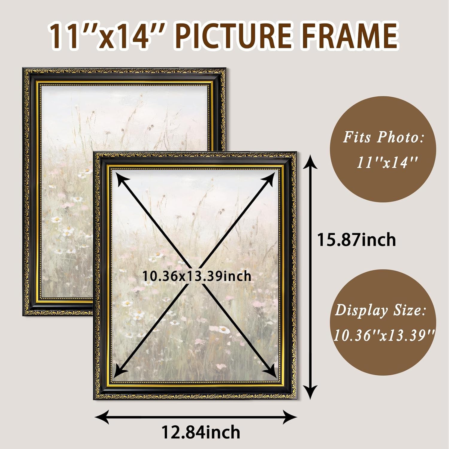 11x14 Vintage Picture Frames Set of 2, Fit with 11x14 Pictures, Elegant Decorative Photo Frames, Perfect for Home Office Gallery Wall Decor, Black and Gold, 2 Pack
