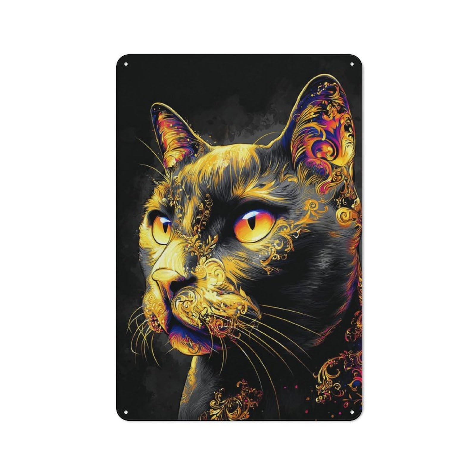 Junmoney Golden Cat Portrait Artwork Printed Metal Sign 30X20cm For Lounge Or Reading Corner, Suited To Lounge Decor Fans