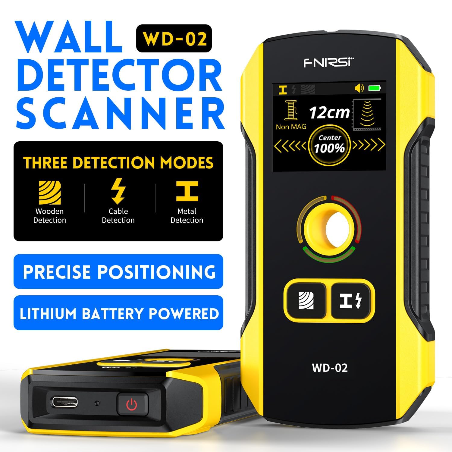 FNIRSI WD-02 Rilevatore di Montanti da Parete - Sensore Elettronico con Display TFT, Scanner da Parete con Foro di Posizionamento Centro e Bordo in Ca, Legno, Montanti Metallici, Travetti, Tubi