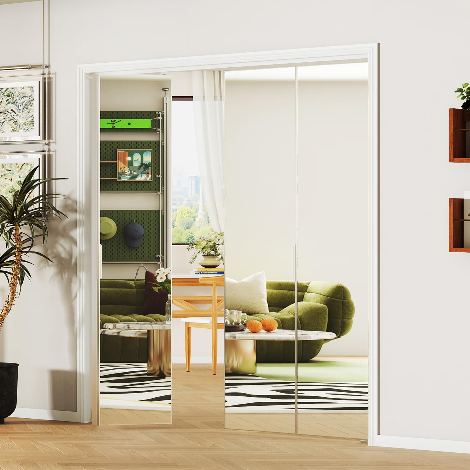Bifold Door for 72"x80" Opening, Preassembled Aluminum Alloy Mirrored Folding Door with Hardware Kit Included, Interior Bi fold Barn Door for Bedroom & Closet, Silver