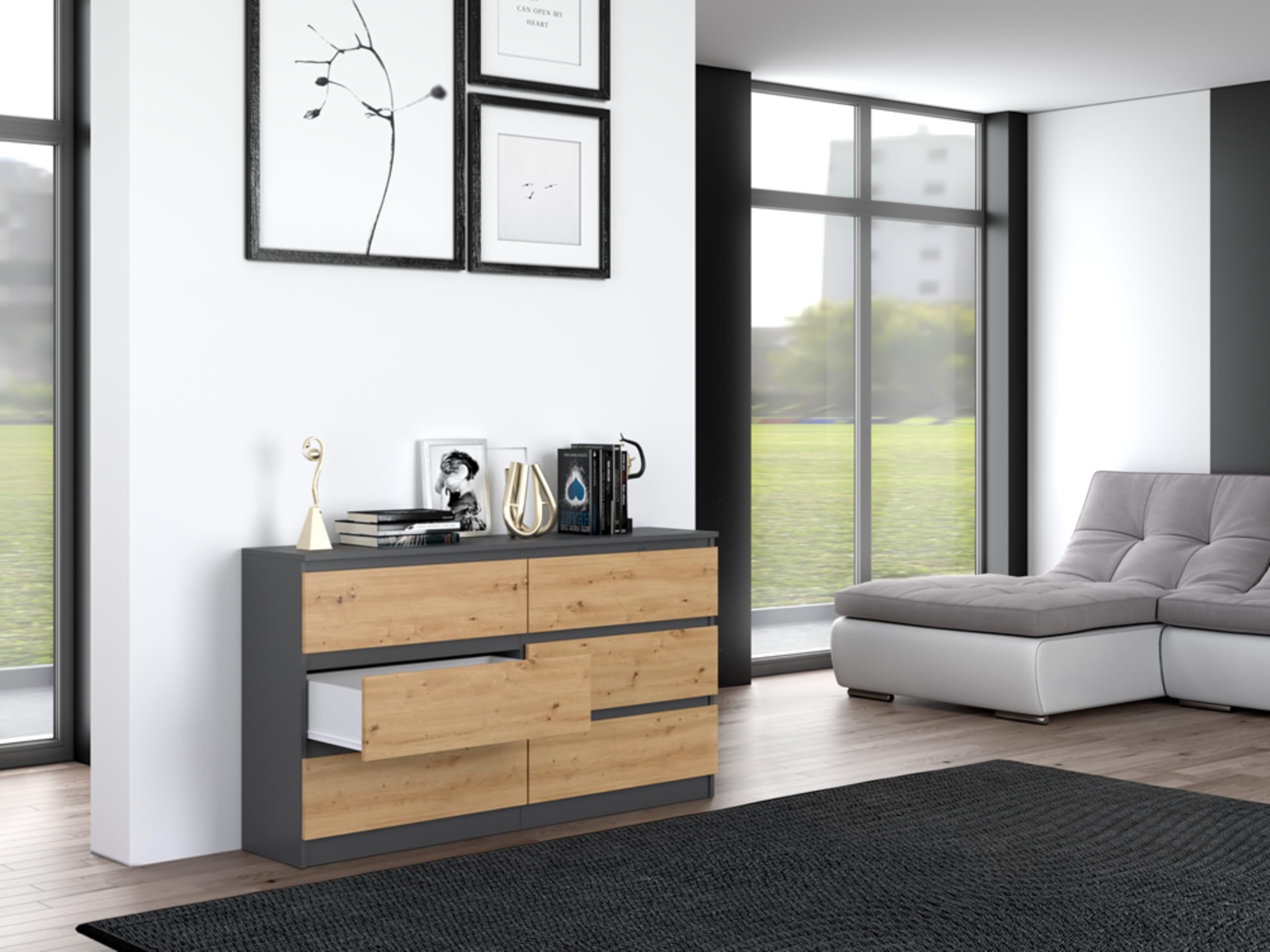 Home Collective Kommode, Schlafzimmer Flur, Schrank, Sideboard, Highboard mit 6 Schubladen, Breite 140 cm Höhe 75 | Anthrazit Artisan Perfekt für Wohnzimmer, Schlafzimmer oder Esszimmer