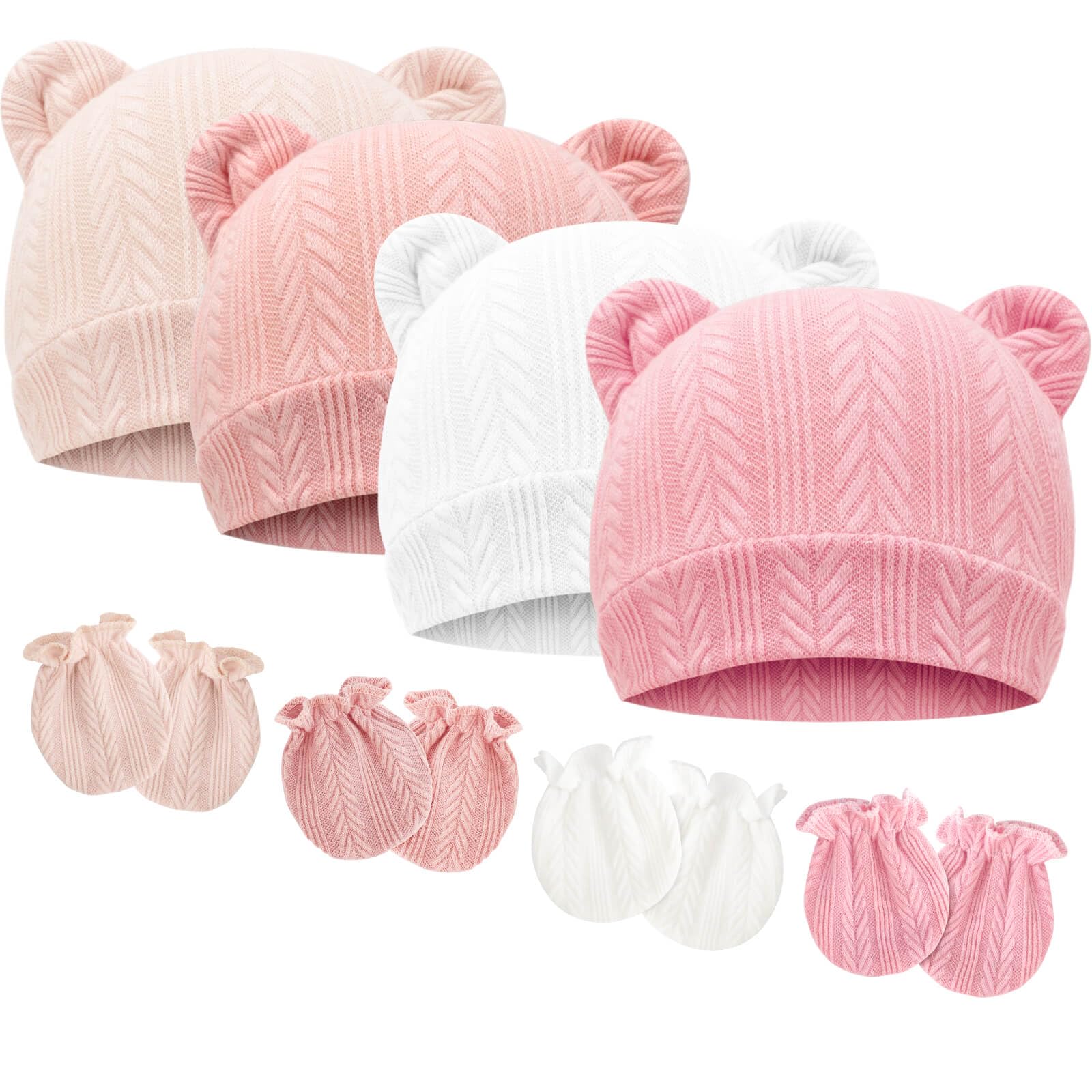 BQUBO Newborn Baby Hats Bear Ears and Mittens Sets Preemie Caps Baby Boy Girl Infant Hospital Beanie for 0-3 Months