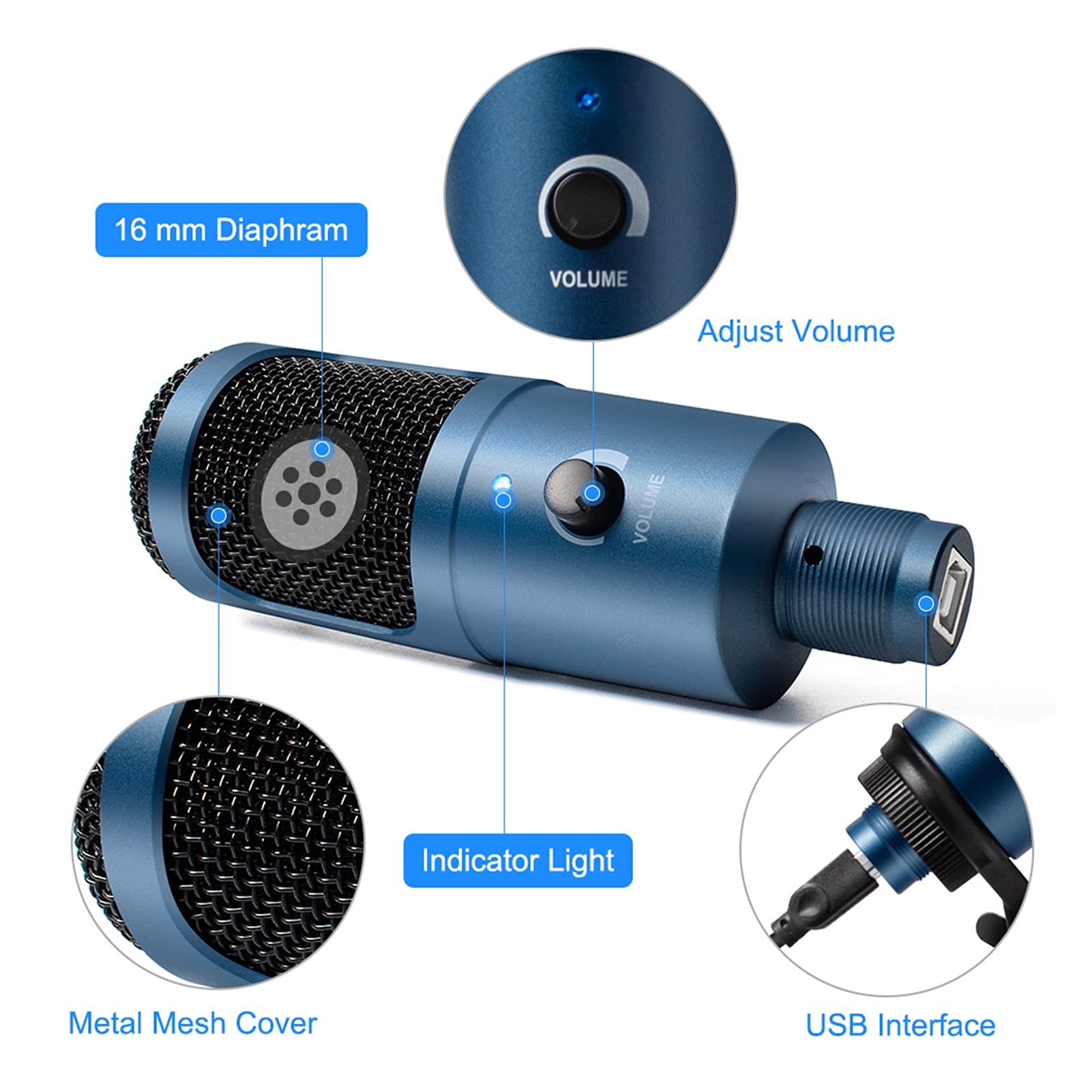 ywzhushengmaoyi mikrofon Microfono USB Blue Metal Streaming Cardioid microfoni Microfono per microfoni per Laptop PC Vocal Recording Streaming Microphone (Color : Silver)