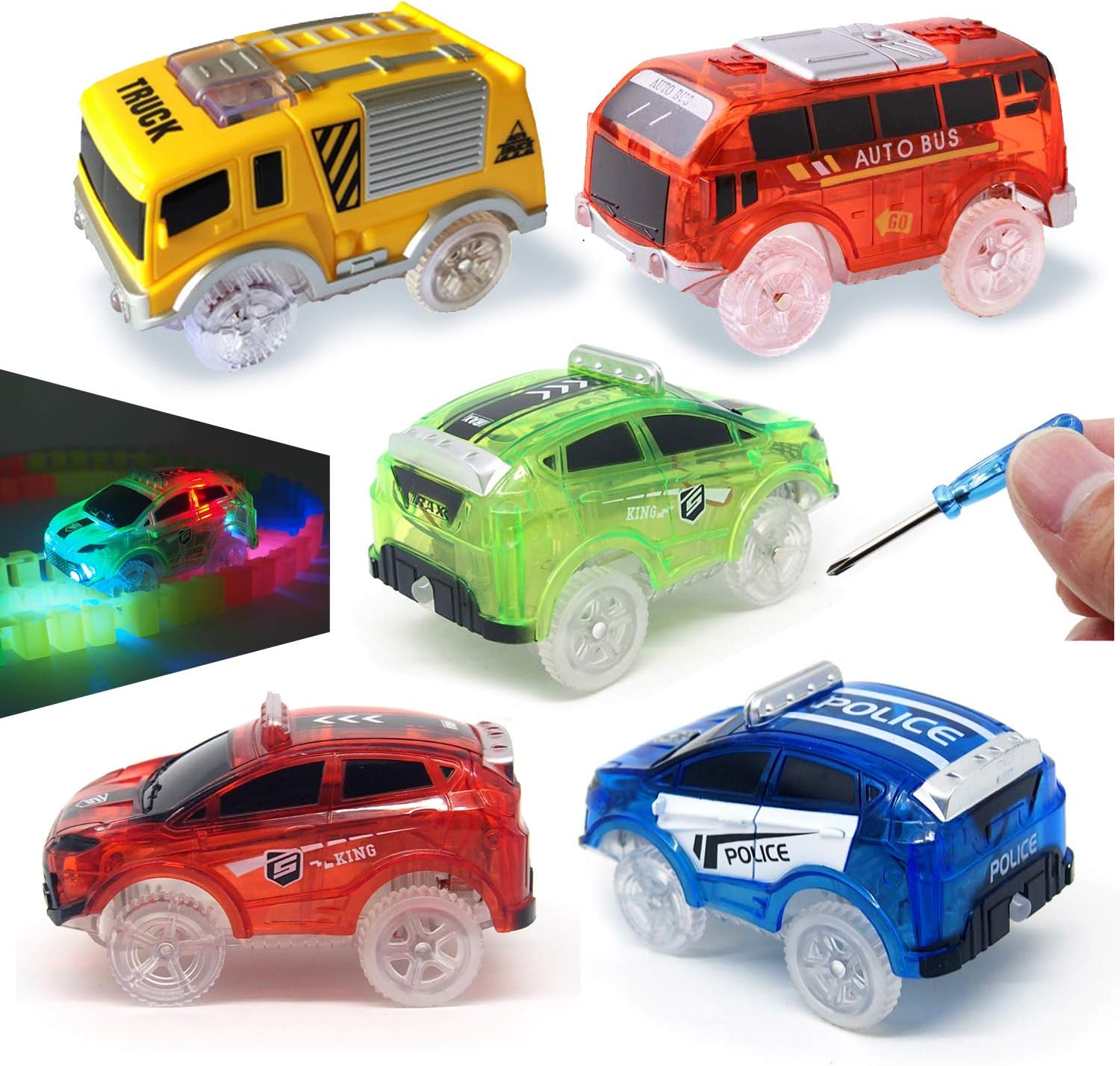 Tracks Cars Replacement Only with 5 LED Flashing Lights Up car, Compatible with Most Tracks, Glow in The Dark, Racing Car Track Accessories, Gift, Kid Boy Girl (4 Pack)
