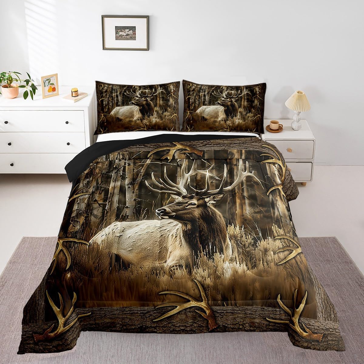 Erosebridal Rustic Deer Comforter Set for Cabin Lodge Vintage Elk Moose Antlers Bedding Set Queen Size Farmhouse Woodland Quilt Hunting Animal Duvet Insert with 2 Pillowcases Home Room Decor - Image 3