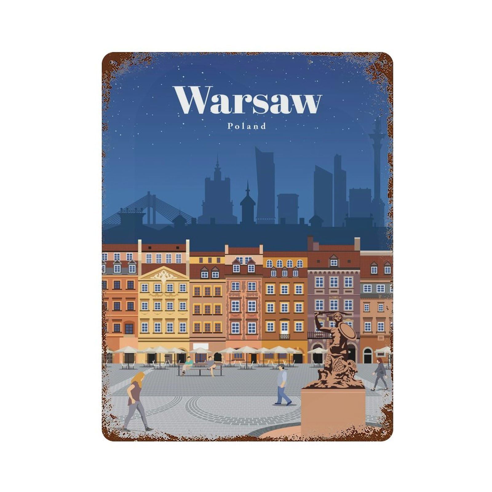 Travel to Warsaw Weathered Tin Sign 15.7"x11.8", Ideal for Basement, Hobby Room And Garage Decor