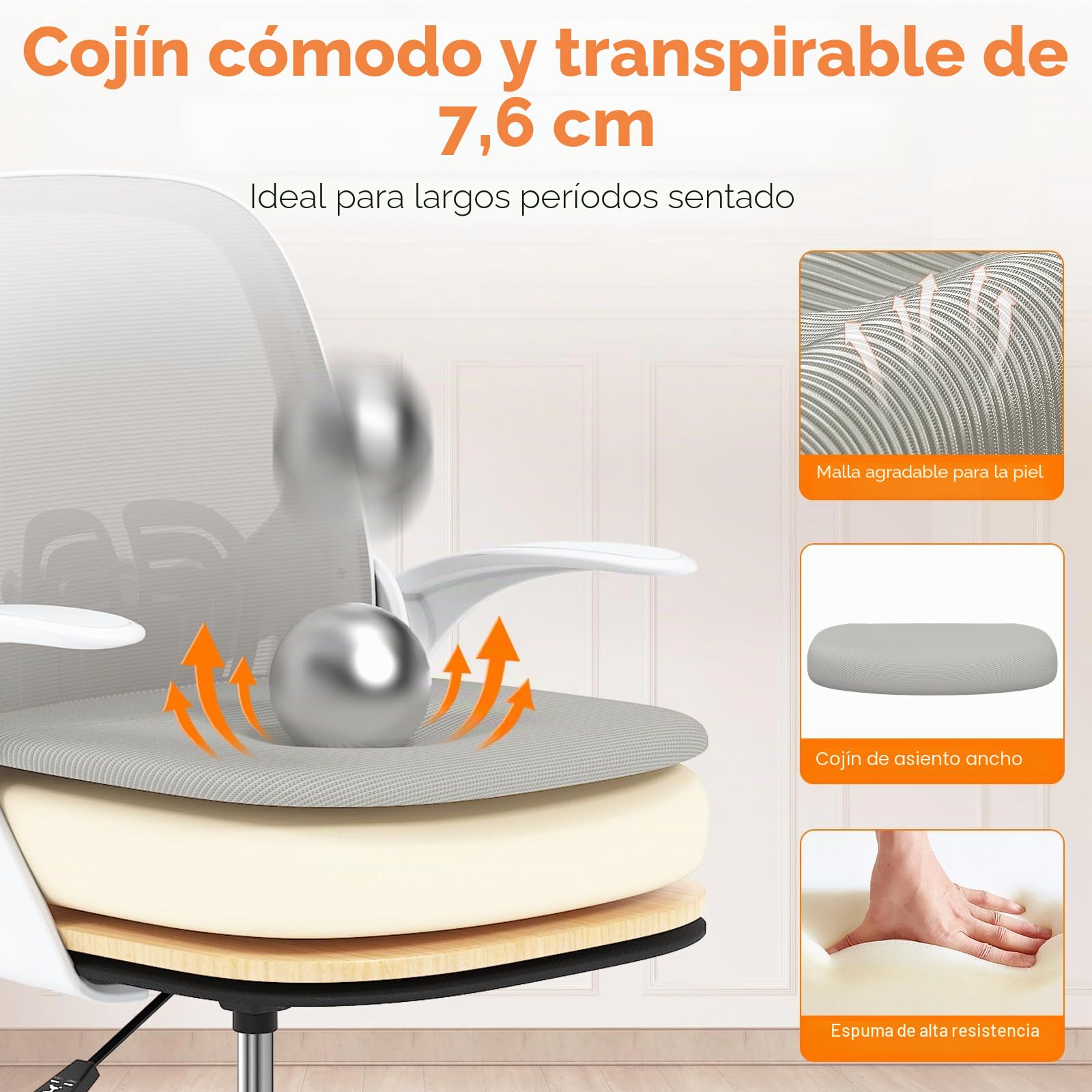 ORRSAKER Silla de oficina alta con brazos abatibles, silla de escritorio ergonómica de malla con anillo de altura ajustable y soporte lumbar, capacidad de 300 libras, color gris