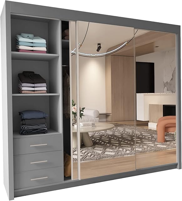 INTERWOOD 2&3 Mirror Sliding Door wardrobe for Bedroom Furniture with Shelves, Hanging Rails (Grey 250cm)
