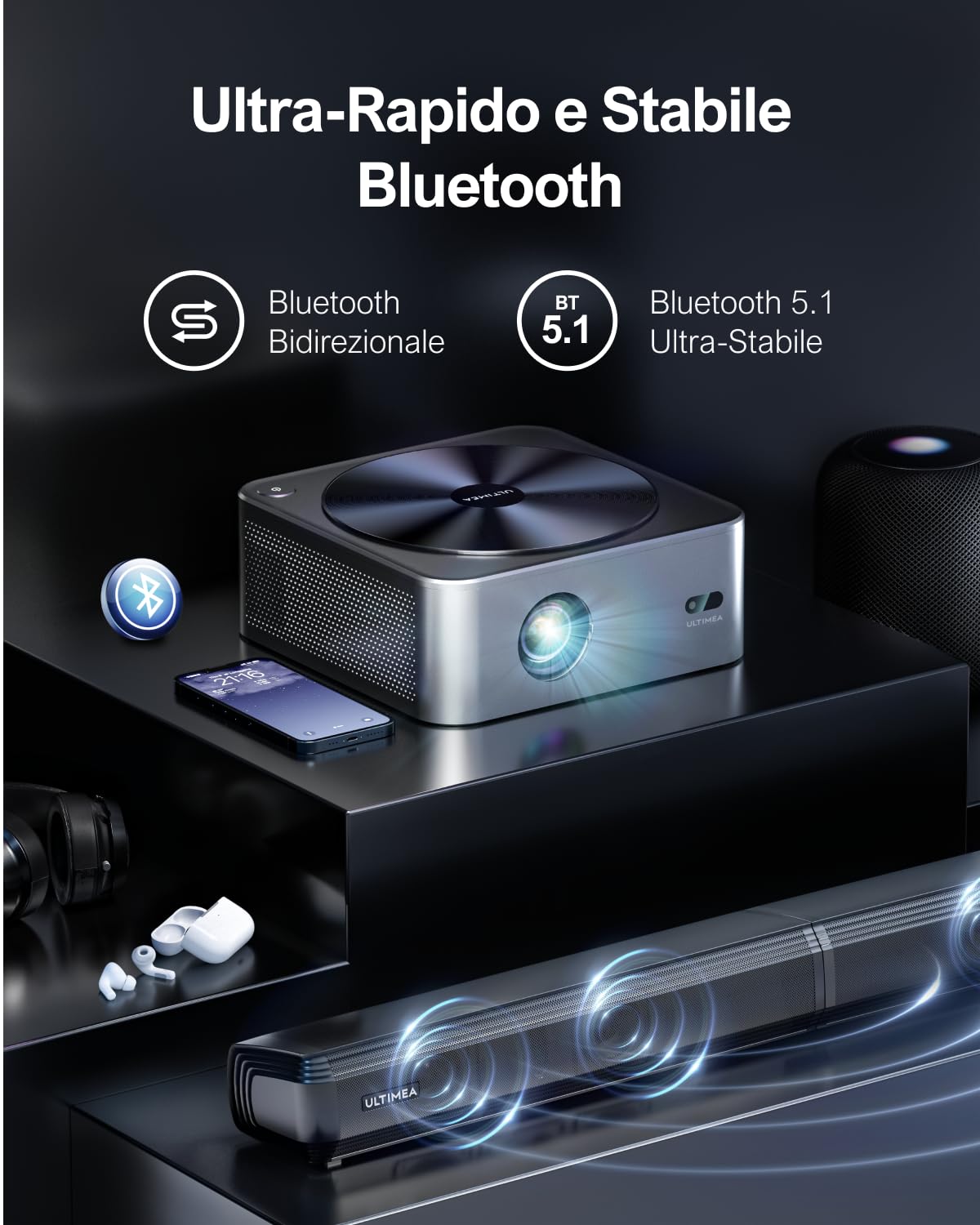 ULTIMEA Proiettore 4K Supporta Nativo 1080P, Auto Focus & Keystone 700 ANSI 21000Lumens Smart Videoproiettore, Bluetooth 5.2 WiFi HDR10, Home Cinema Projector per HDMI/iOS/Android/TV Stick, Apollo P40
