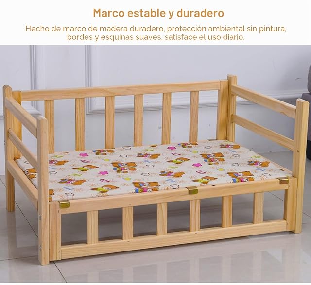 Foto 4 de 7 de Cama Perro Cuna Elevada de Madera para Perros con Colchón/almohada Lavable