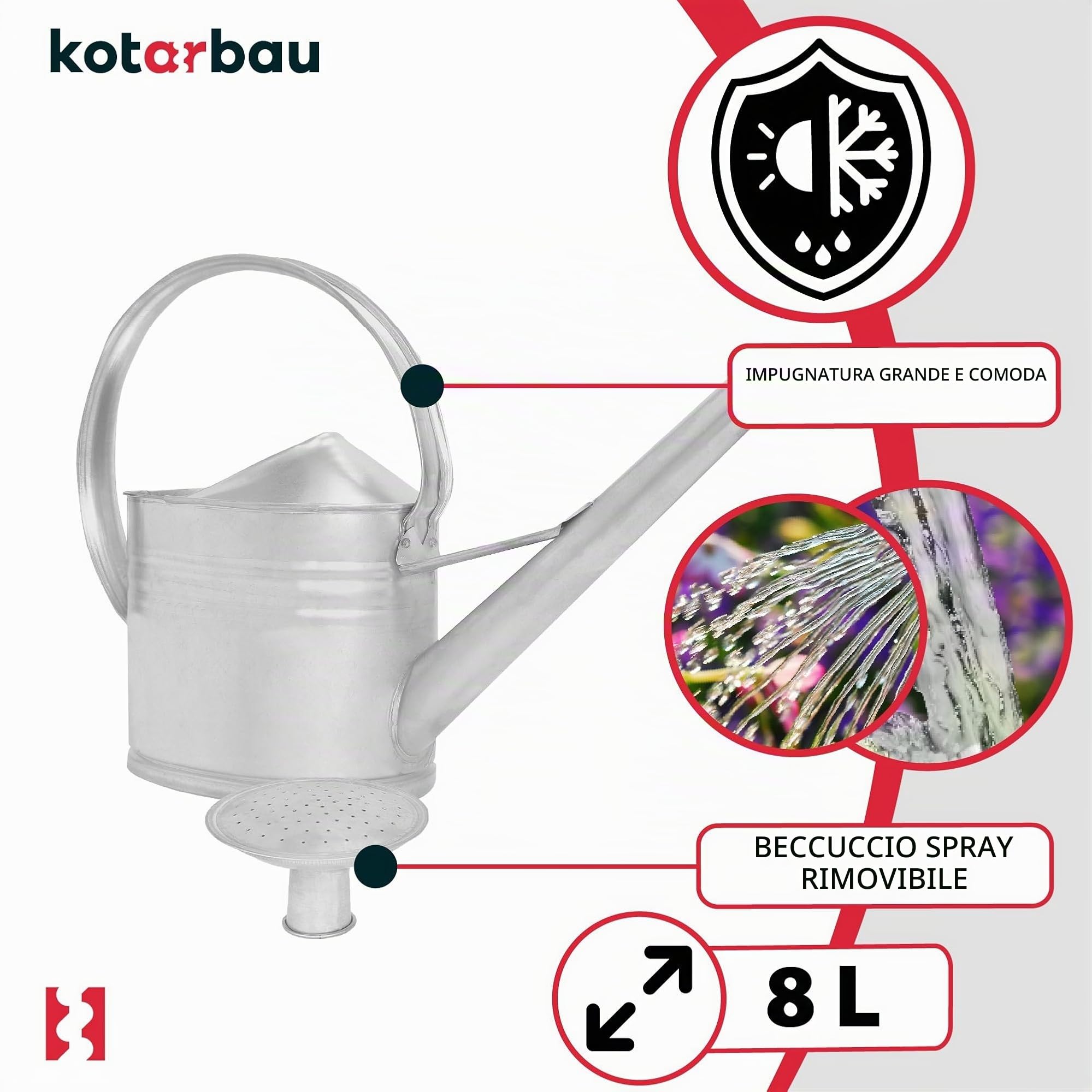 KOTARBAU® Annaffiatoio - Acciaio Zincato - 8 L - Innaffiatoio - Argento - Annaffiatoio Giardino - Con Doccia Rimovibile - per Esterno e Interno - Resistente alla Corrosione
