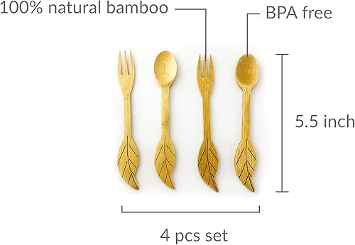 Miniatura 5 de JB Home Collection 4580, Set of 4 Reusable Bamboo Spoons and Forks for Appetizer Fruit Dessert Ice Cream Yogurt Spice Salt Sugar Green Tea Matcha