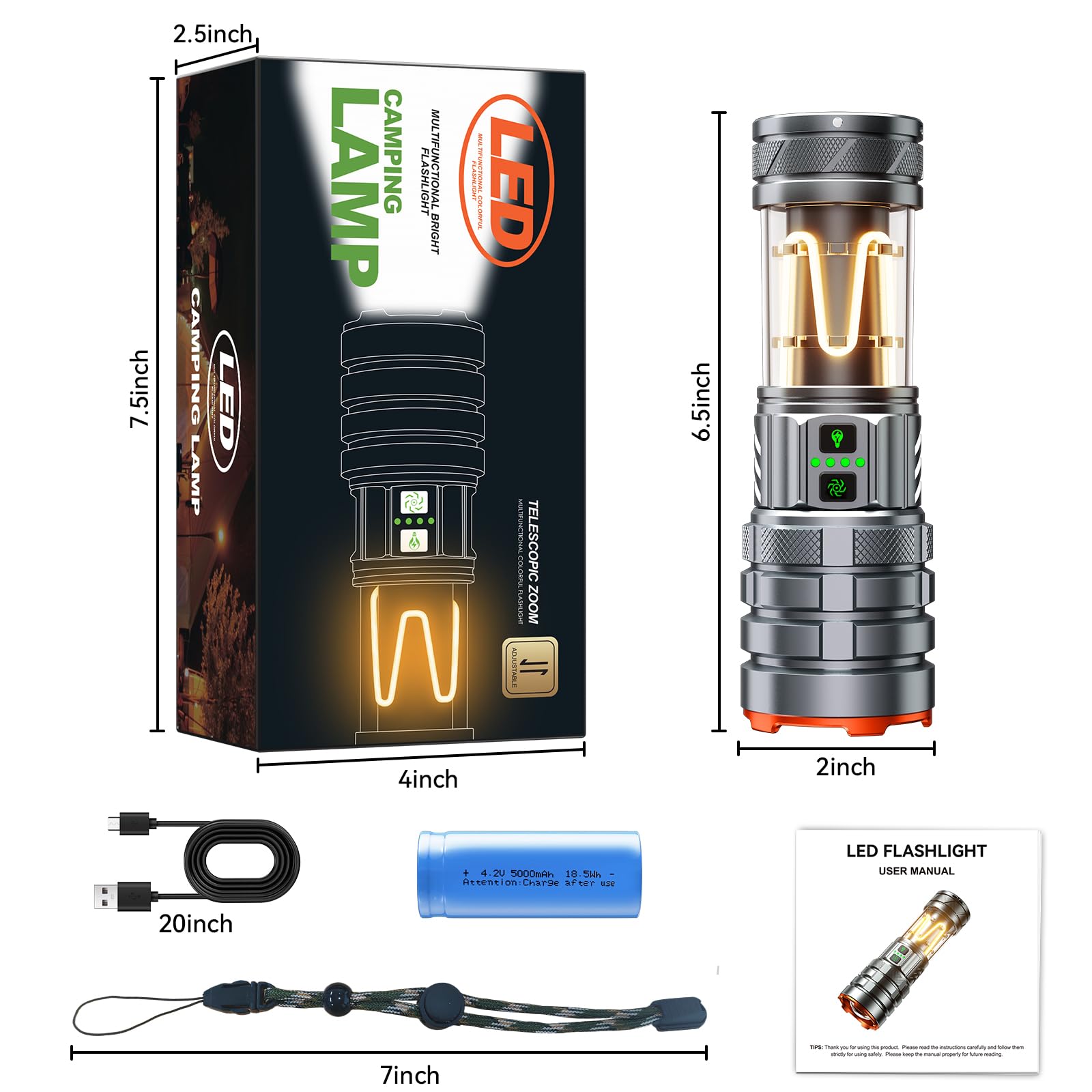 G580 - Torcia da campeggio, 5000 mAh, 3000 lumen, super luminosa, ricaricabile, con 11 modalità, impermeabile IPX7, regolabile, a LED, per tattica, campeggio, all'aperto, auto