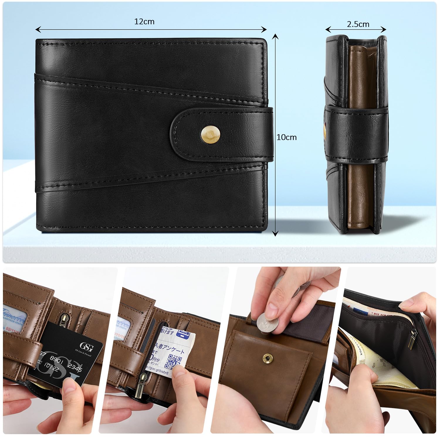 GSG SINCE 1998 Billeteras de cuero vacuno multifuncional con bloqueo RFID con 17 ranuras para tarjetas de crédito, 2 compartimentos para billetes, 2 ventanas de identificación, 1 bolsillo para monedas