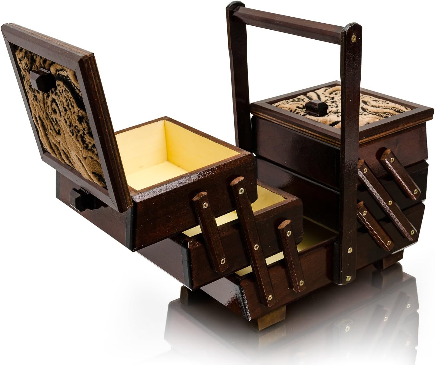 Beautiful 30 cm Dark Sewing Box with Pin Cushion, Wooden Jewellery Box